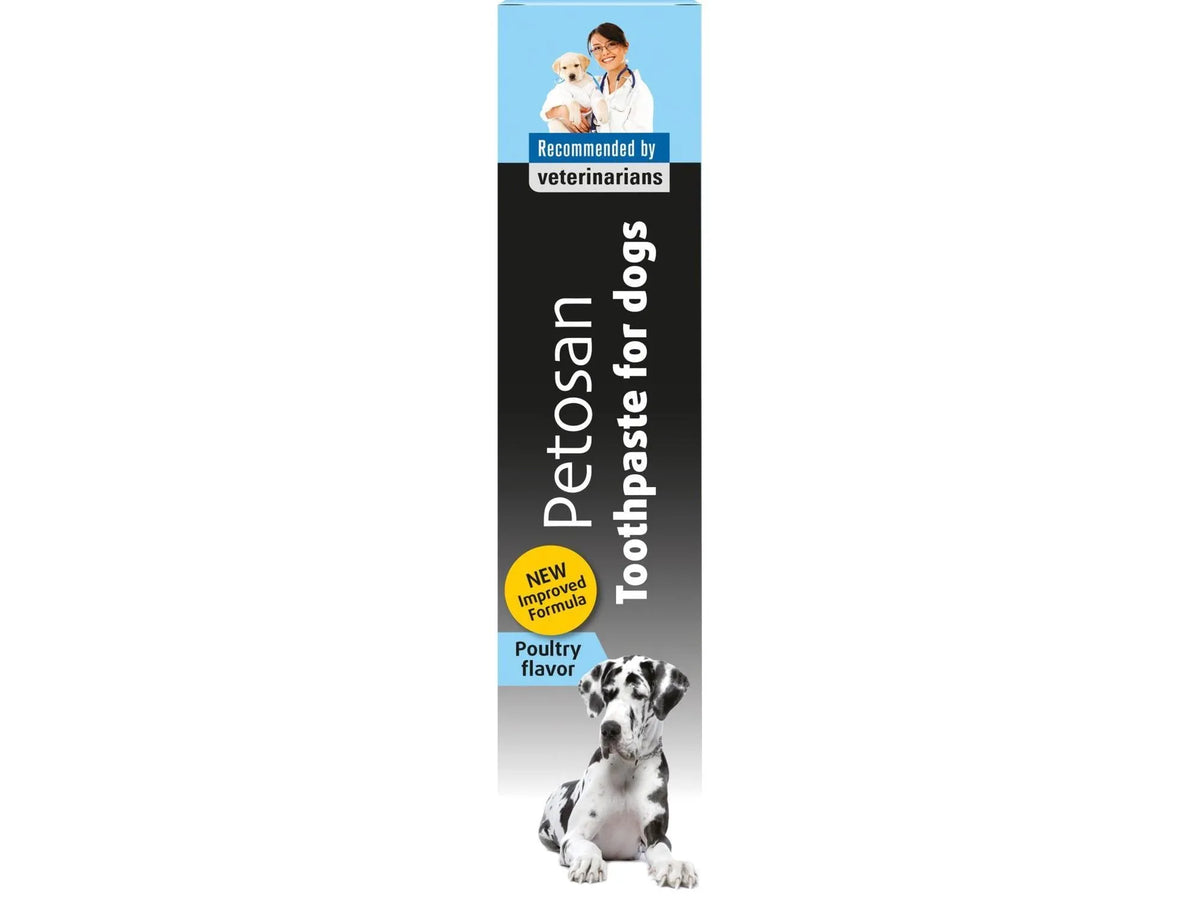 Petosan Tannkrem til Hund 50ml, blå og svart pakke med veterinær, valp og dalmatiner.