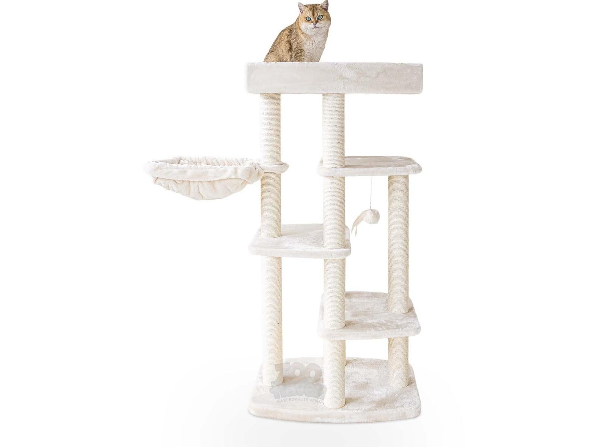 Beige Petrebels Springfield 139 kattetårn med sisalstolper, plattformer og hengekøye med en katt på toppen.