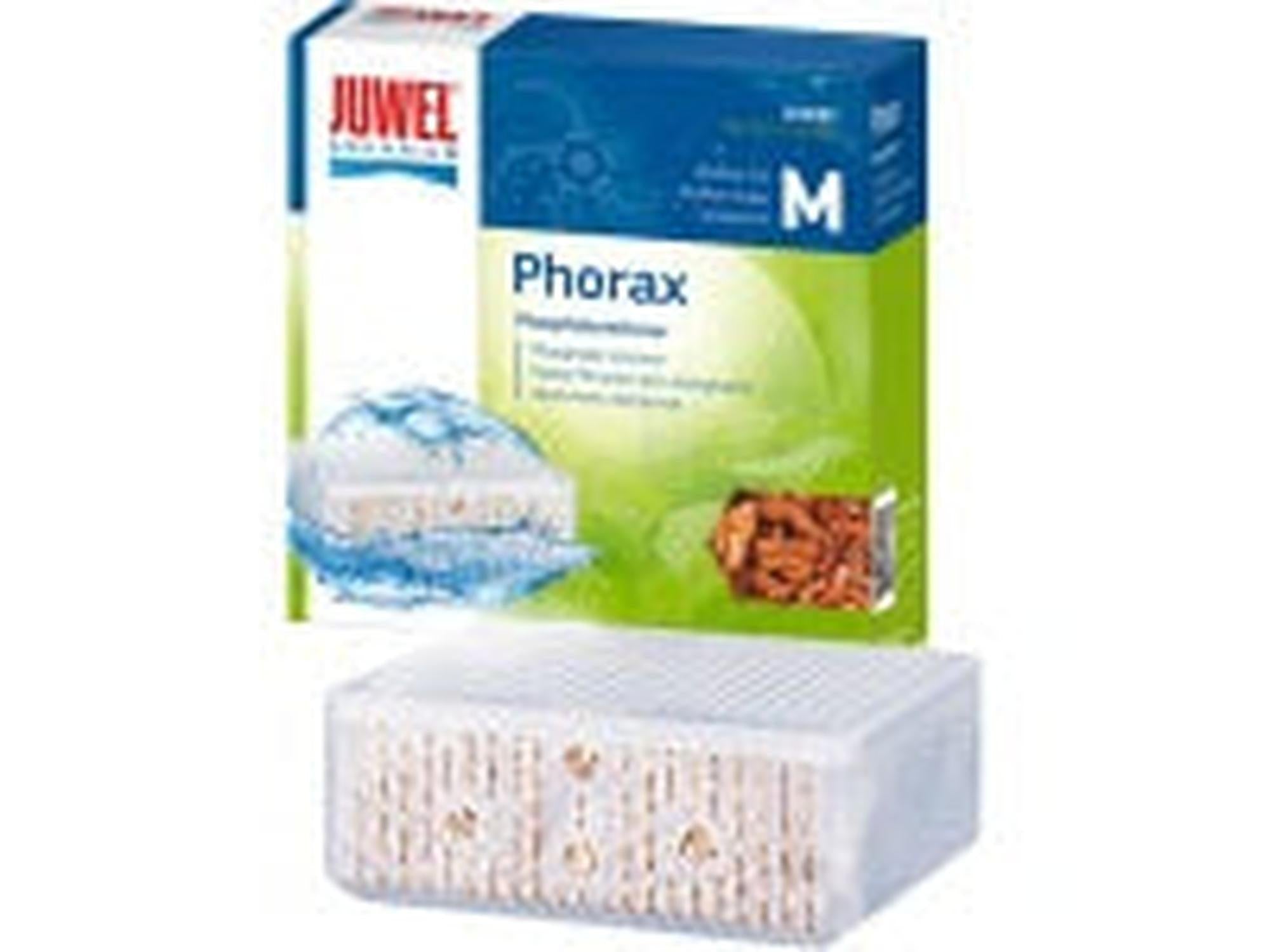 Juwel Phorax filtermedium i hvit rektangulær beholder med brun granulat, for fosfatreduksjon.