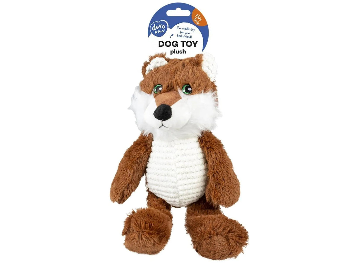 Brun og hvit plysj ulveleke til hund, 37 cm, med grønne øyne og pipelyd.