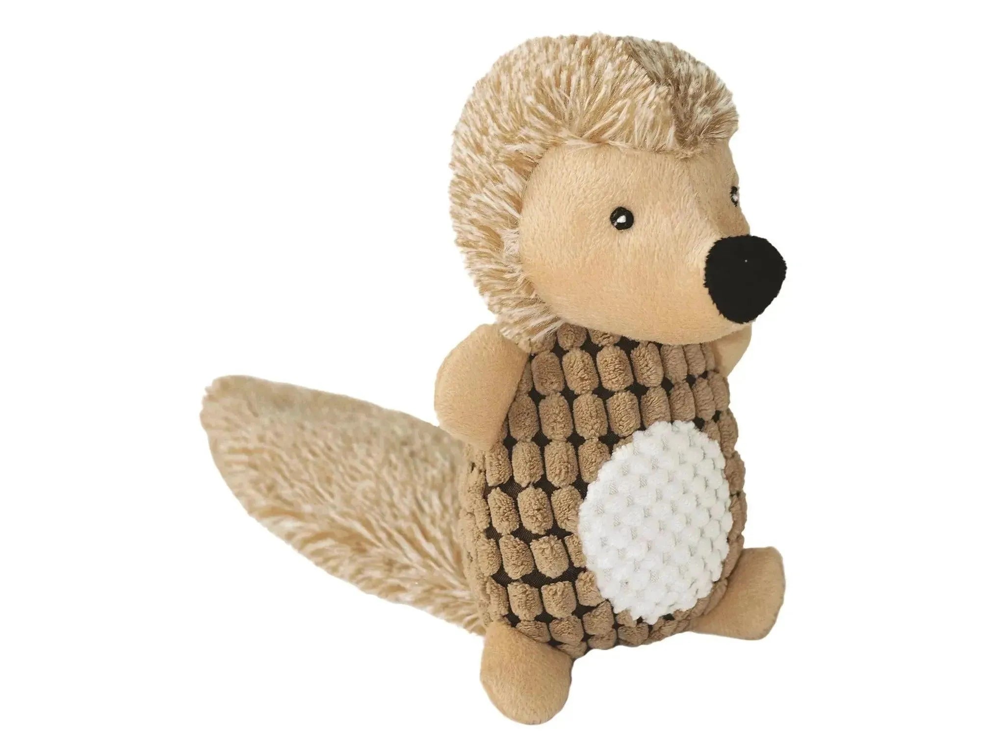 Plysj pinnsvin hundeleke 40 cm med beige kropp, brun teksturert mage, og myk, lys manke.