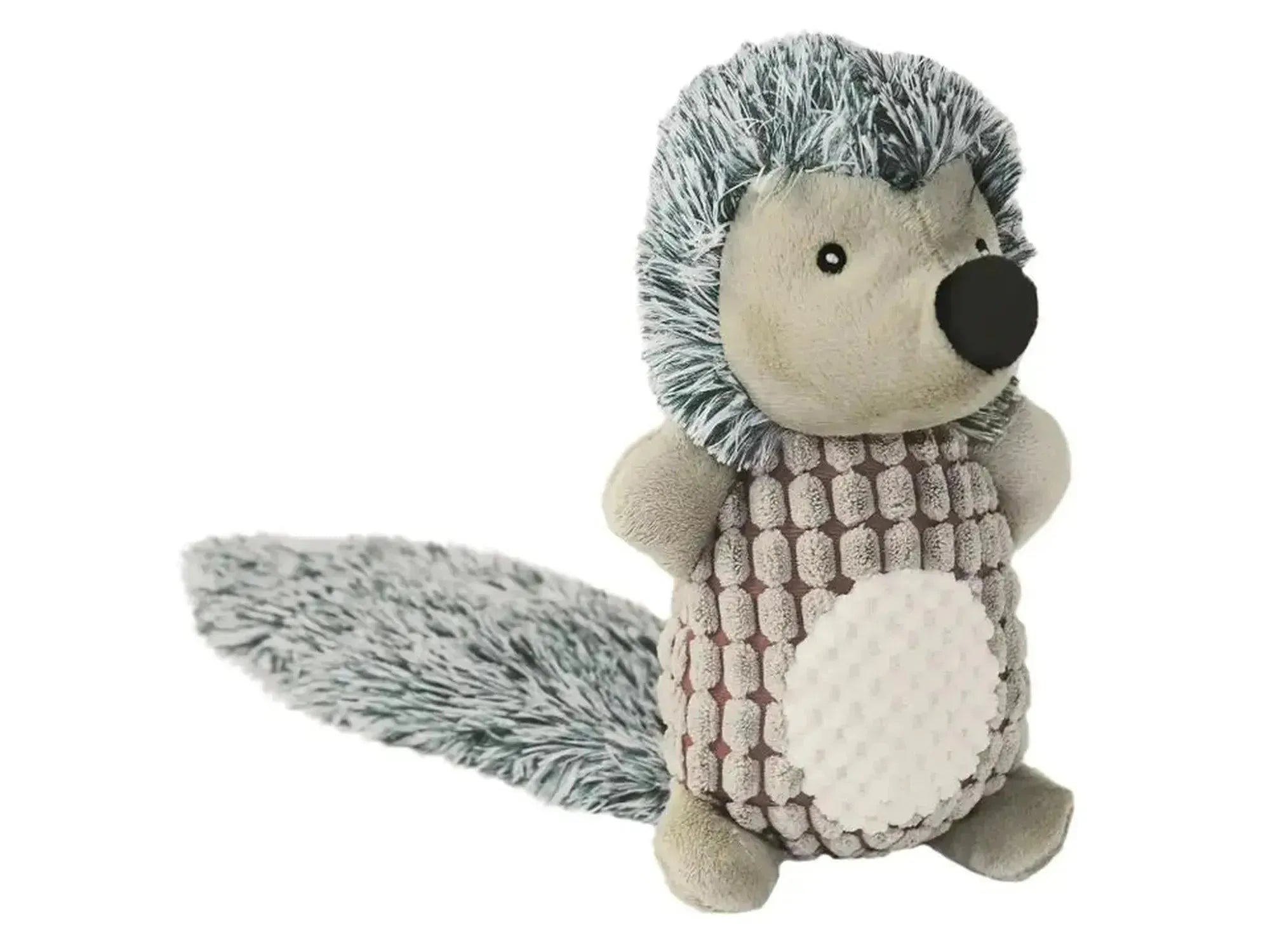 Plysj pinnsvin hundeleke 40 cm med grå og beige teksturer, lang hale og lyd.