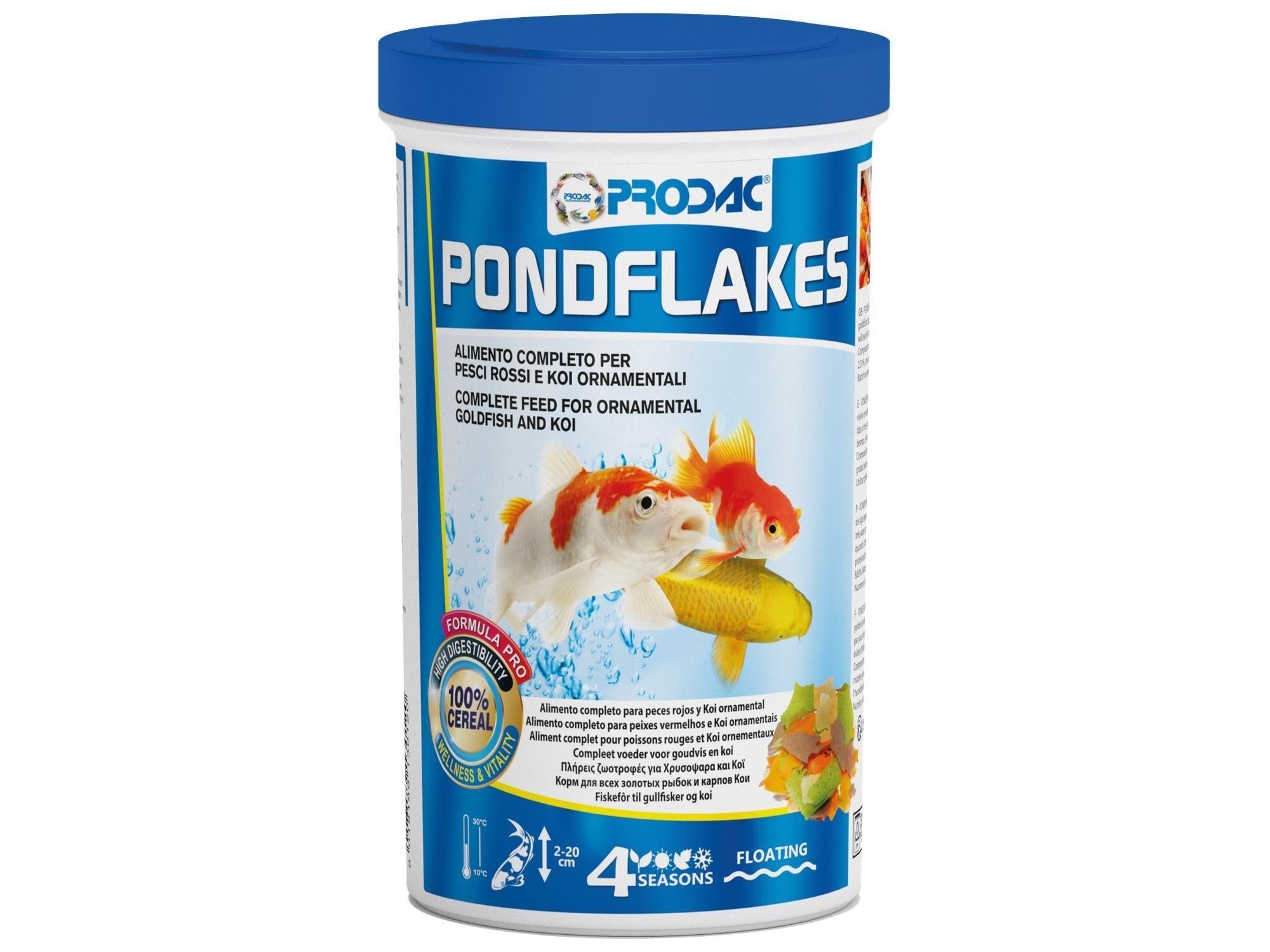 Prodac Pondflakes flakfôr for damfisk i hvit beholder med blått lokk og bilde av gullfisk.