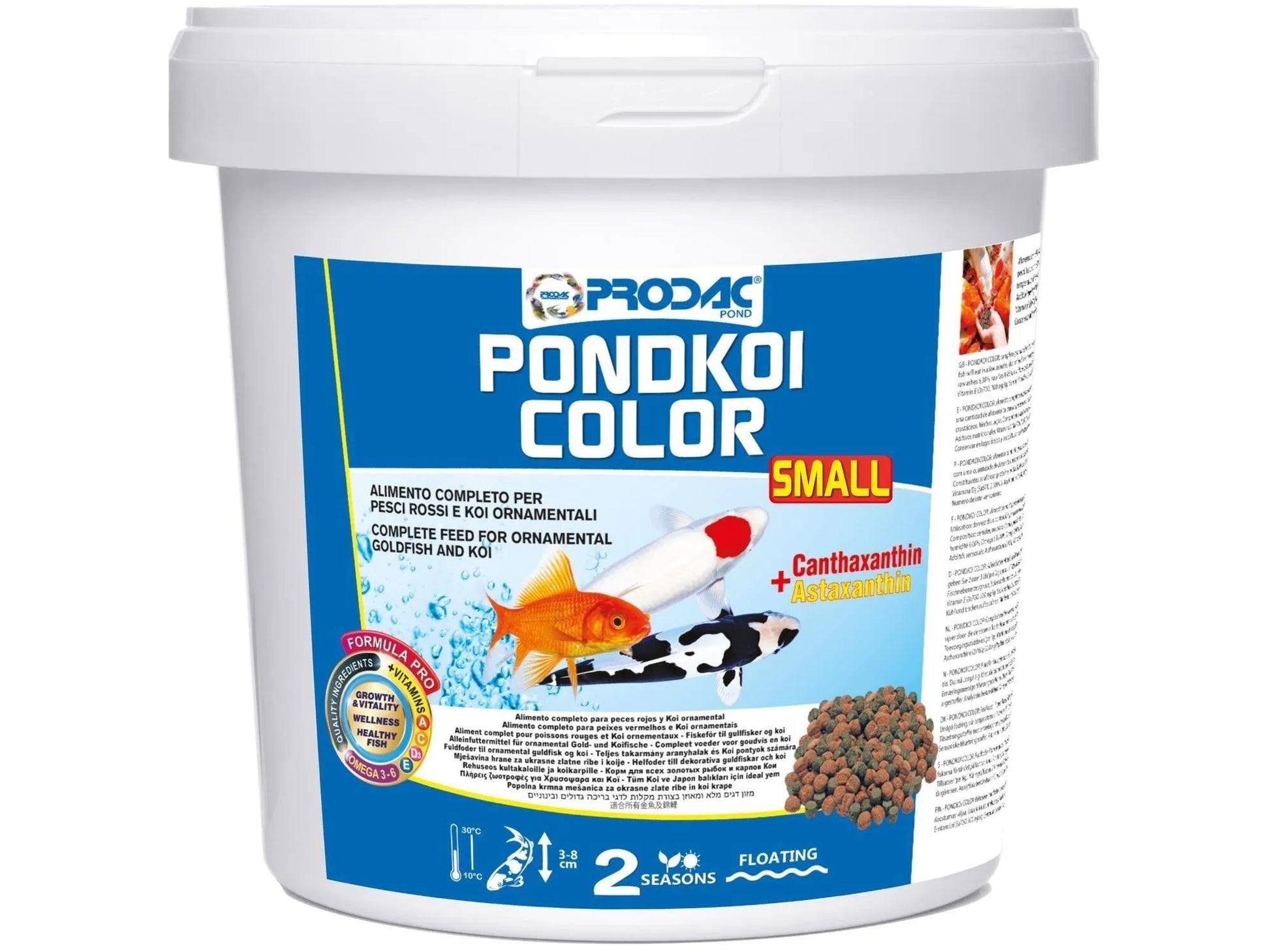 Prodac Pondkoi Color Small fiskefôr i en hvit bøtte med bilder av koi, gullfisk og fôrpellets.