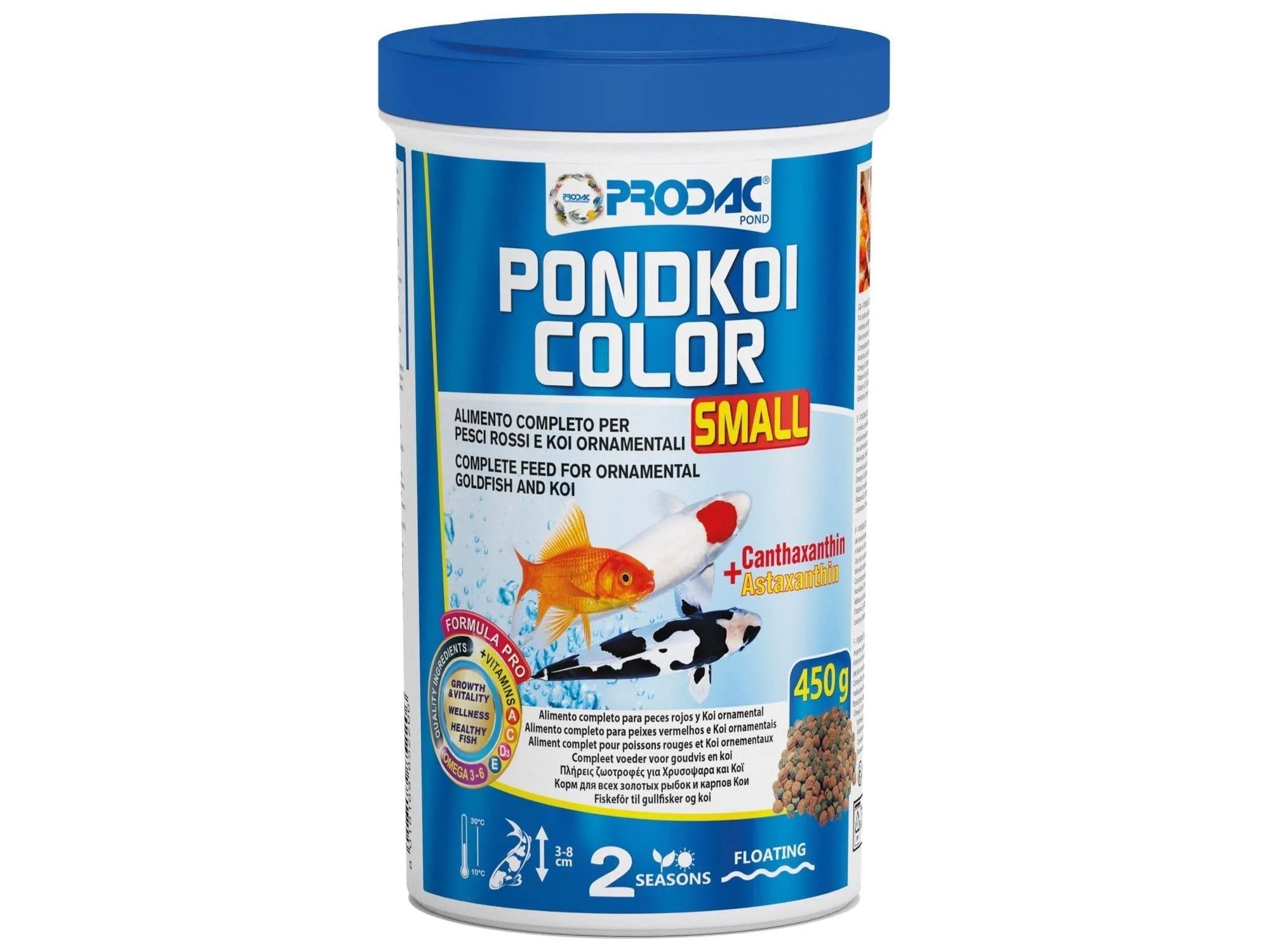 Prodac Pondkoi Color Small 450gr fiskefôr i en hvit beholder med blått lokk, viser koi og gullfisk.