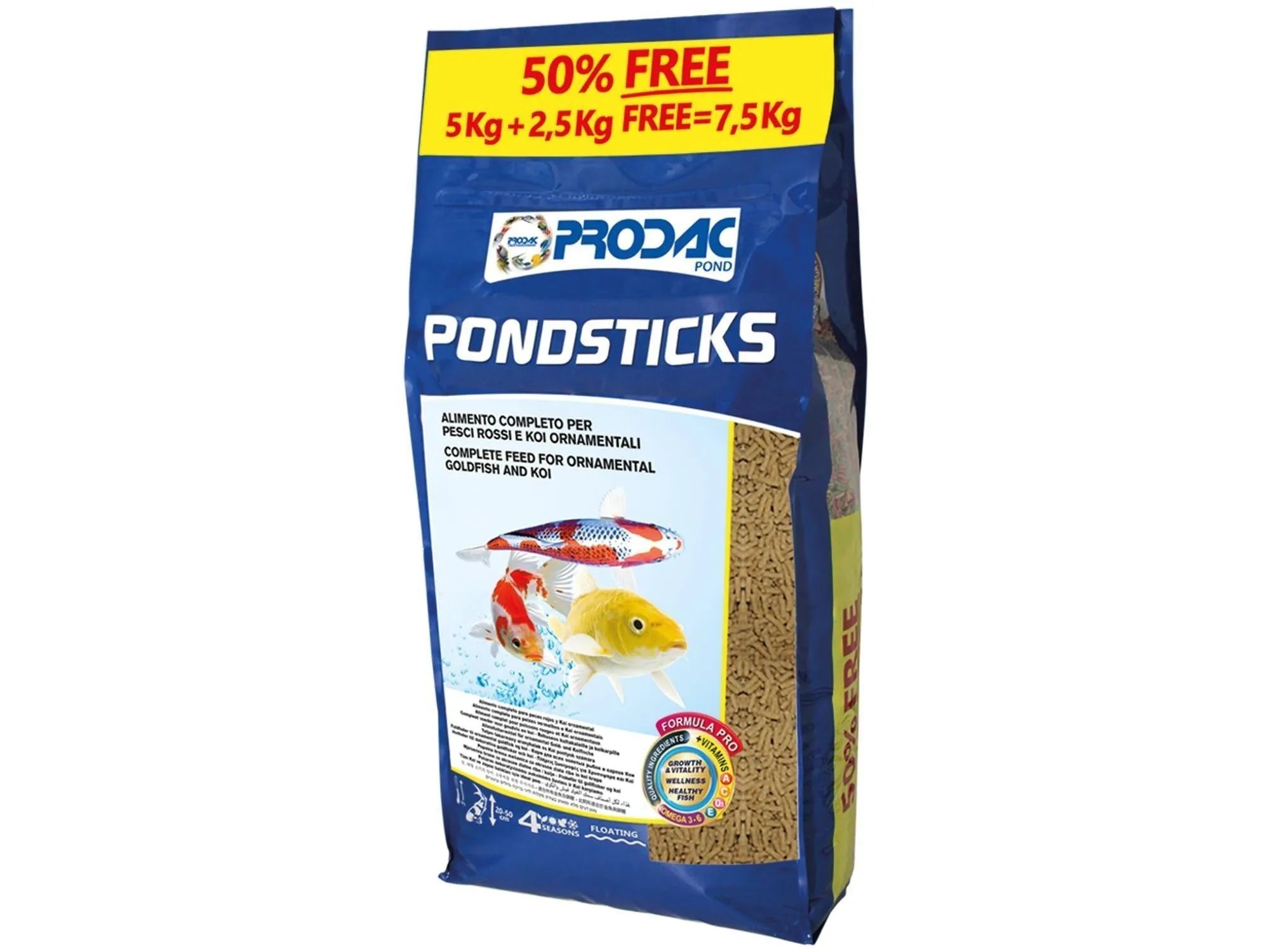 Blå og gul Prodac Pondsticks 7,5kg pose med komplett flytende fôr for damfisk, inkludert koi og gullfisk.