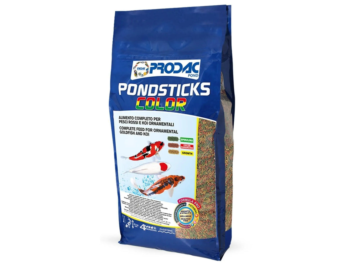 Prodac Pondsticks Color 7,5kg blå pose med flytende fiskefôr for prydfisk og koi.