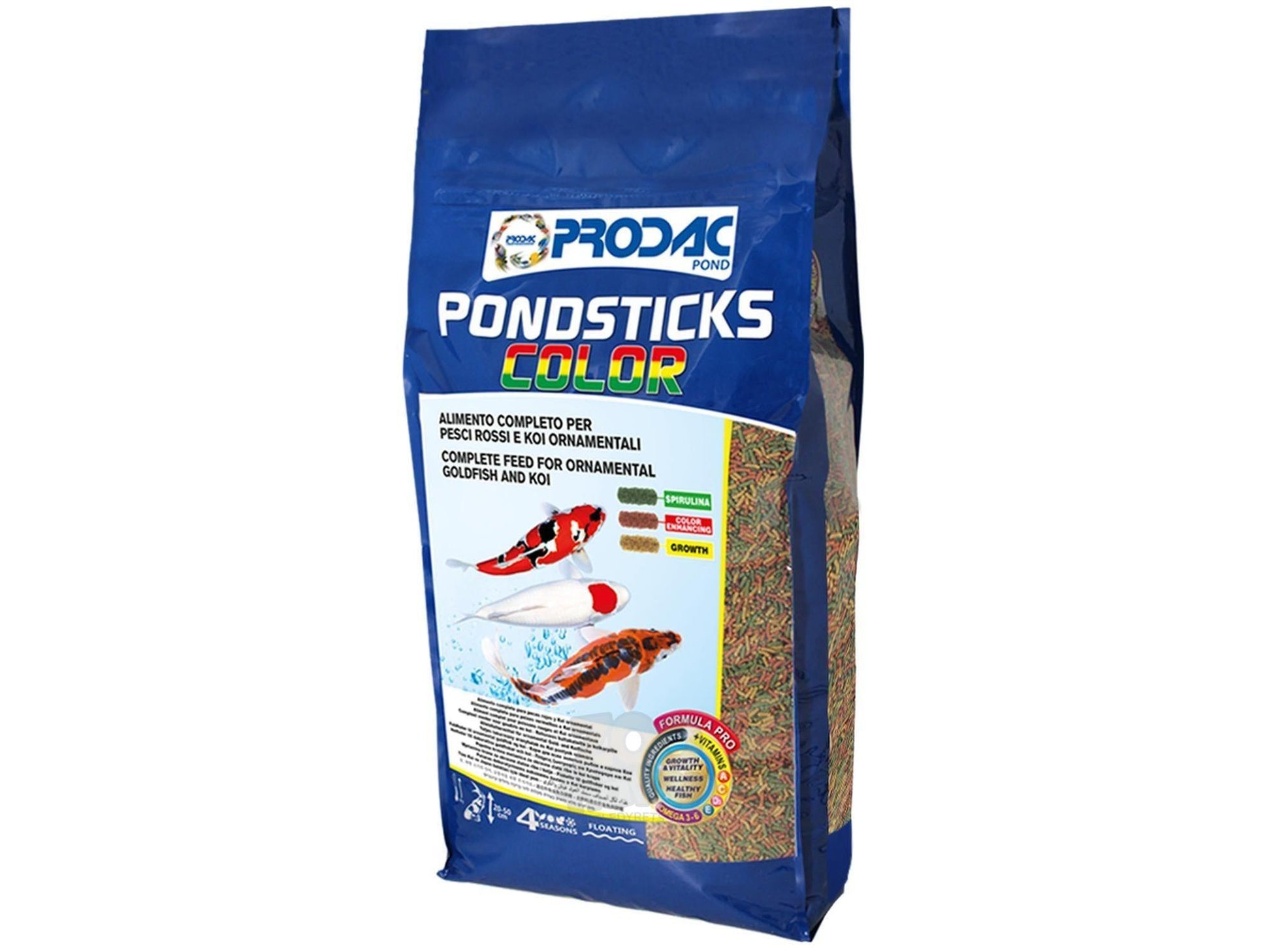 Prodac Pondsticks Color 7,5kg blå pose med flytende fiskefôr for prydfisk, viser koi og gullfisk.