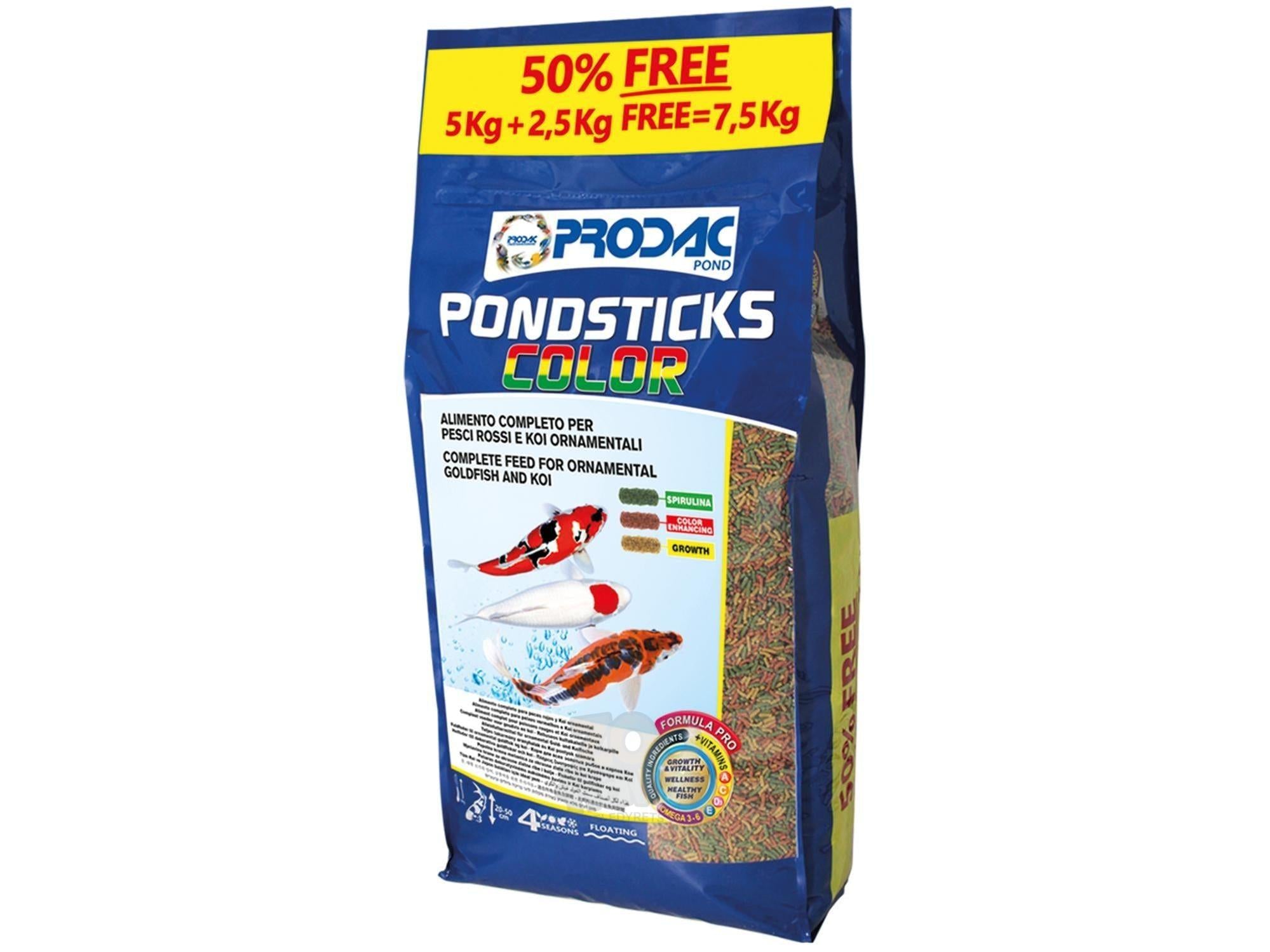 Blå og gul Prodac Pondsticks Color fiskefôrpose, 7,5 kg, med bilder av fisk og fôr.