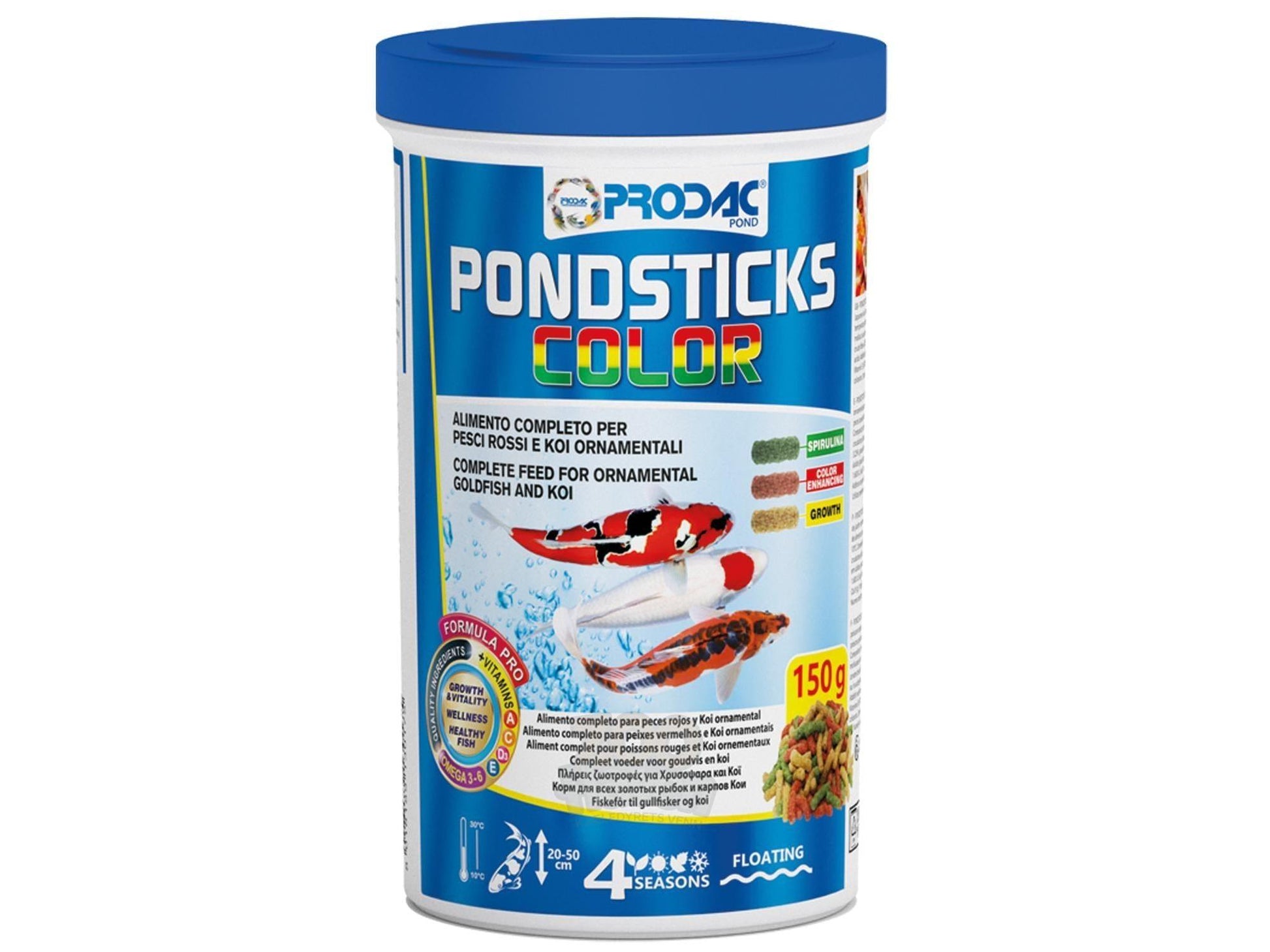Prodac Pondsticks Color 150gr fiskefôr i hvit beholder med blått lokk, viser koi og fôr.