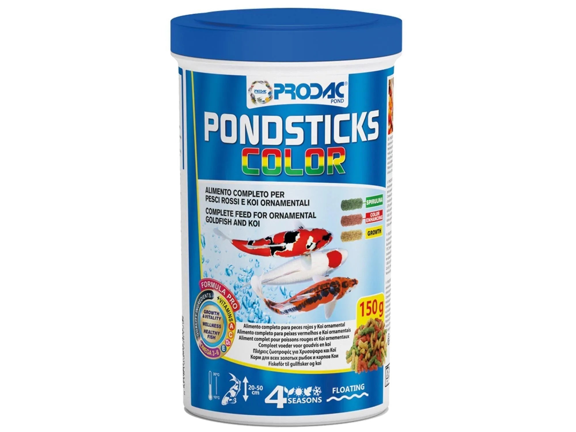 Prodac Pondsticks Color 150gr fiskefôr i hvit beholder med blått lokk, viser koi og fôr.