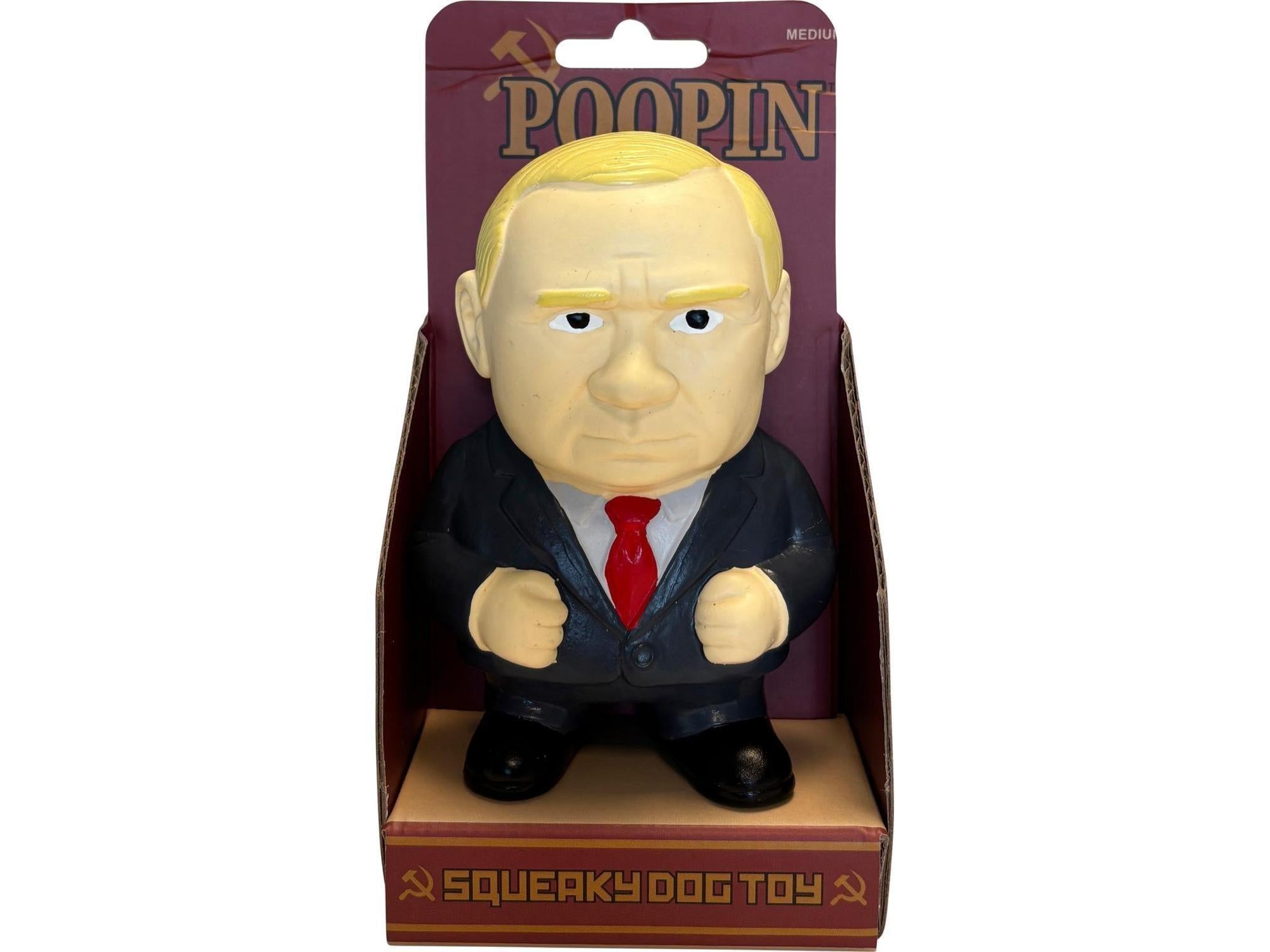 Poopin Medium Squeaky hundeleketøy i latex, 12 cm, formet som en mann i dress med rød slips.