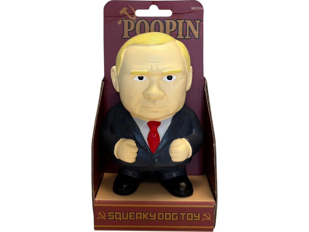 Poopin Medium Squeaky hundeleketøy i latex, 12 cm, formet som en mann i dress med rød slips.