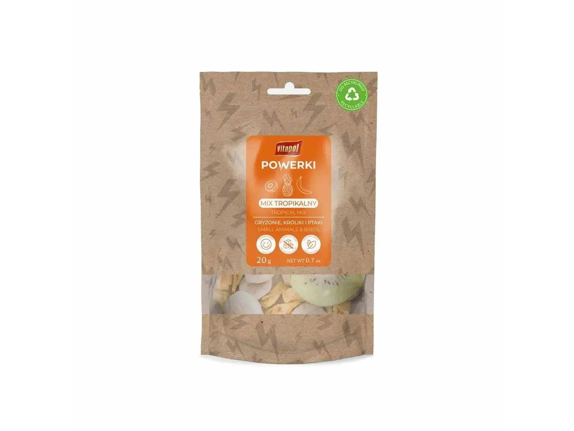 Powerki Freeze-dried Tropical Mix 20g i brun papirpose med oransje etikett og synlig frukt.