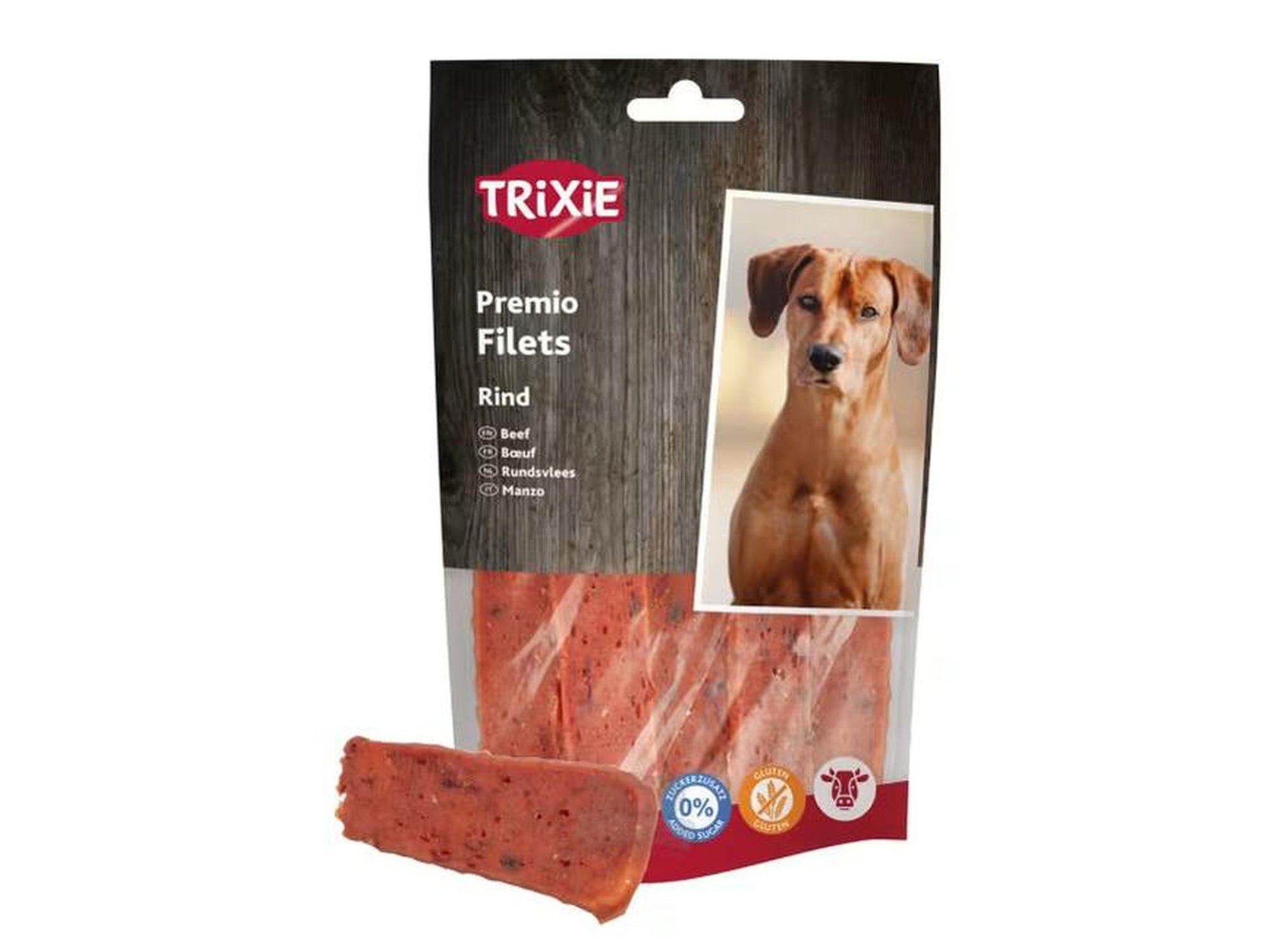 Trixie Premio Filets med oksekjøtt 80g pose med en rødbrun filet og en hund på pakken.