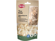 Trixie Freeze Dried Chicken Meat & Cheese treats in a clear bag with a cat image and light beige header.
