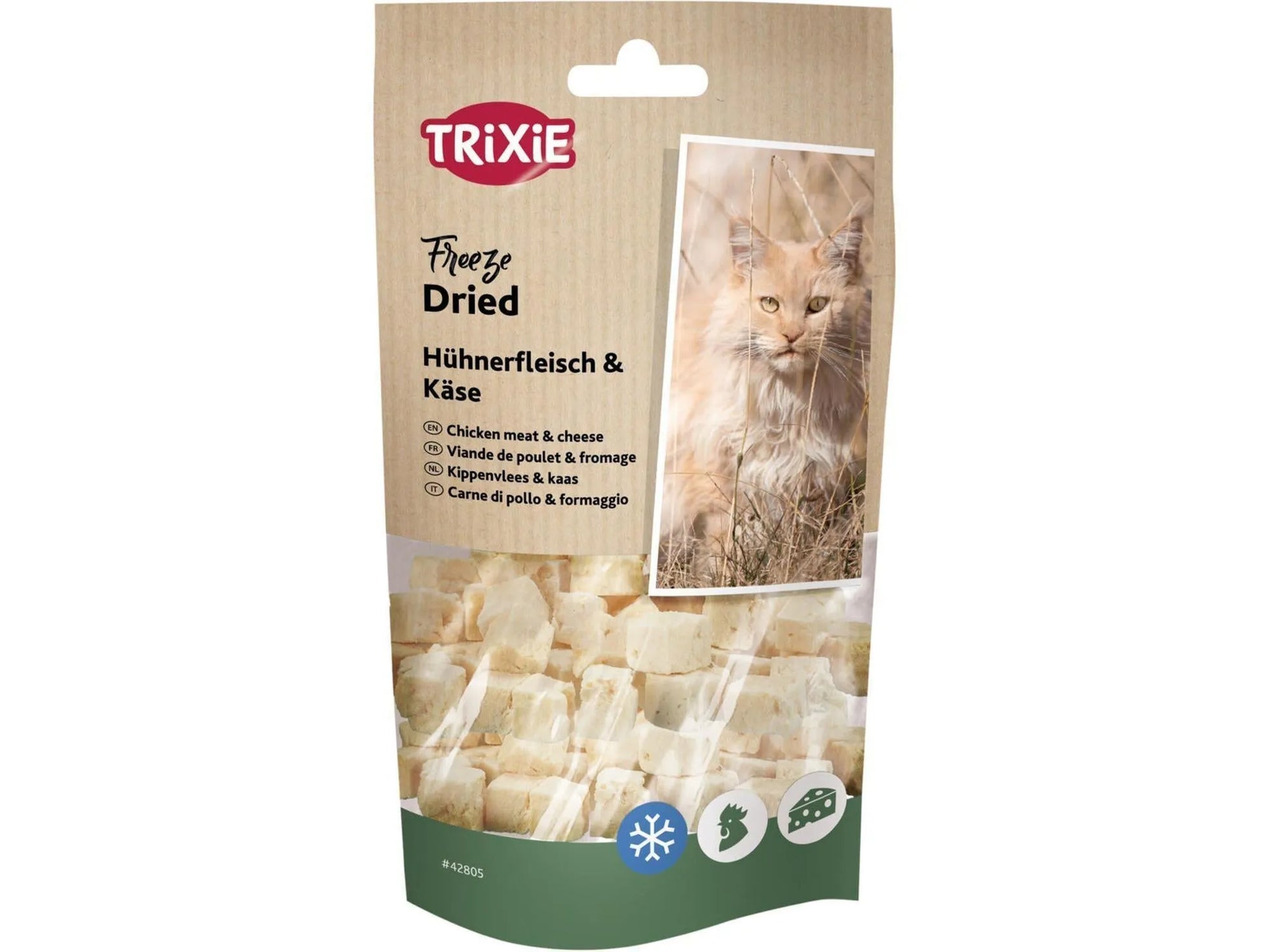 Trixie Freeze Dried Chicken Meat & Cheese treats in a clear bag with a cat image and light beige header.