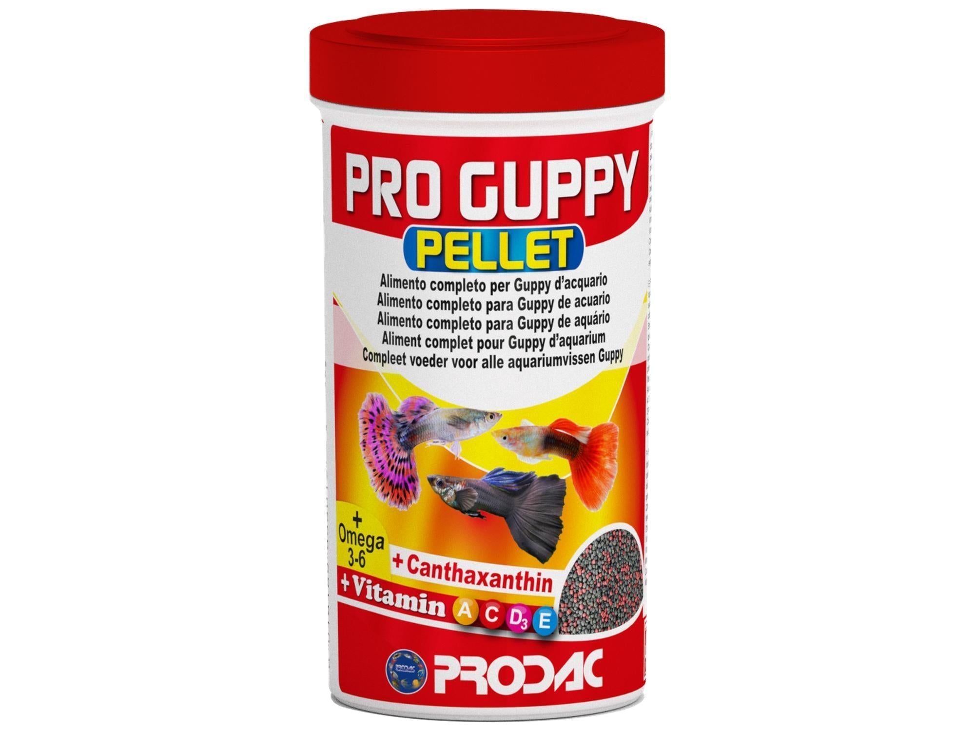 Pro Guppy Pellet fiskefôr i hvit beholder med rødt lokk, viser fargerike guppyfisk.