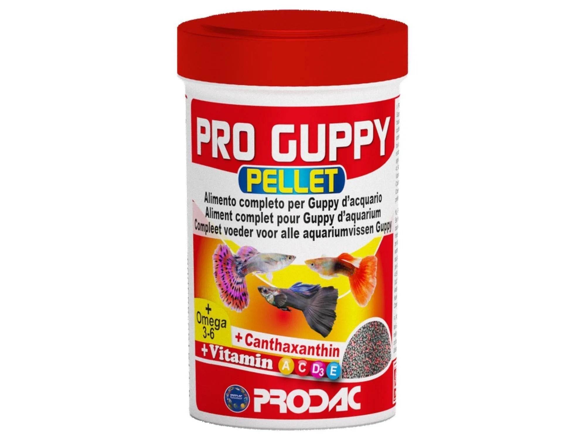 Pro Guppy Pellet fiskefôr i hvit beholder med rødt lokk, viser fargerike guppyfisk og pellets.