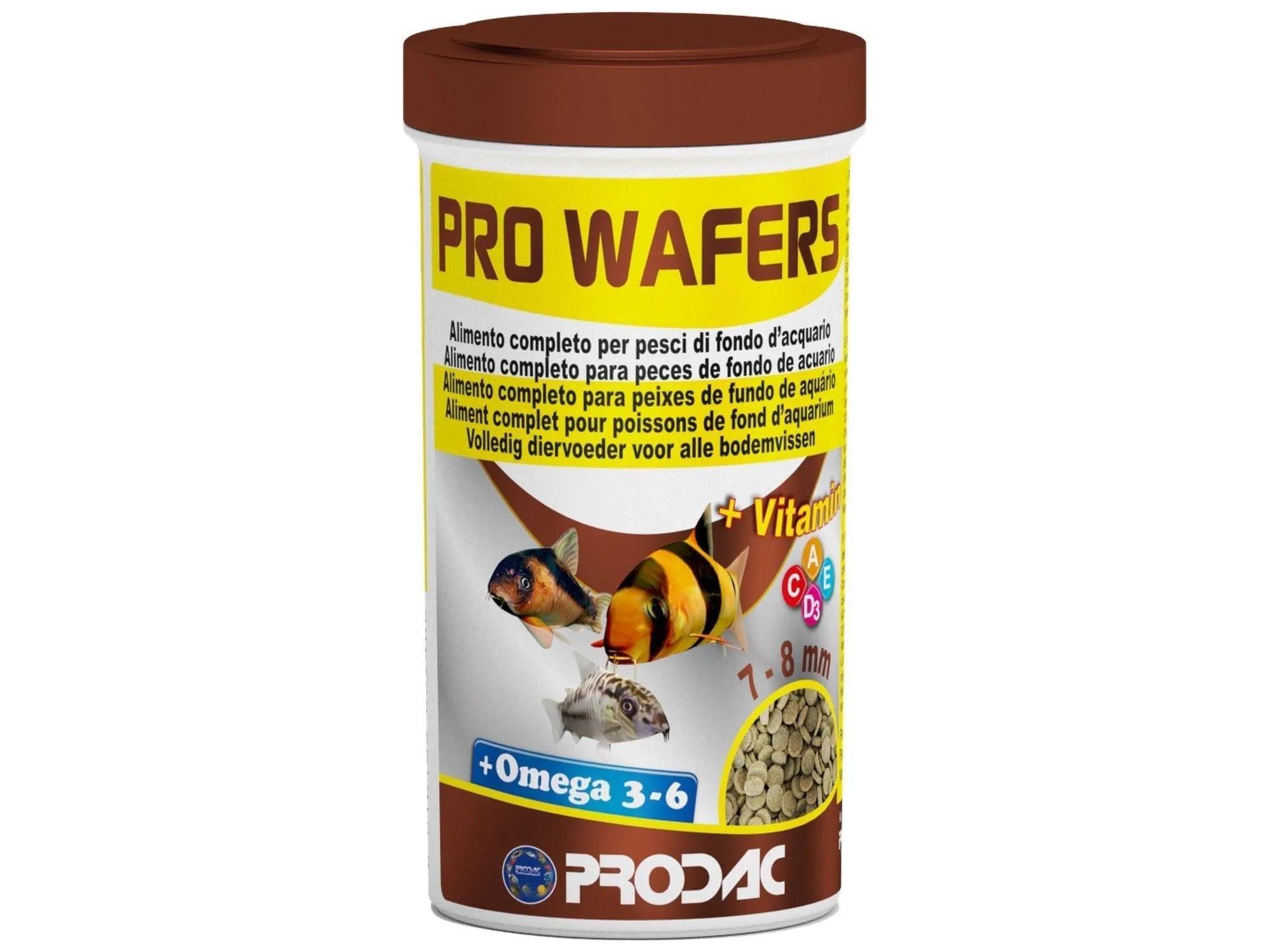 Prodac Pro Wafers fiskefôr i brun og hvit beholder med fisk og vitamininfo.