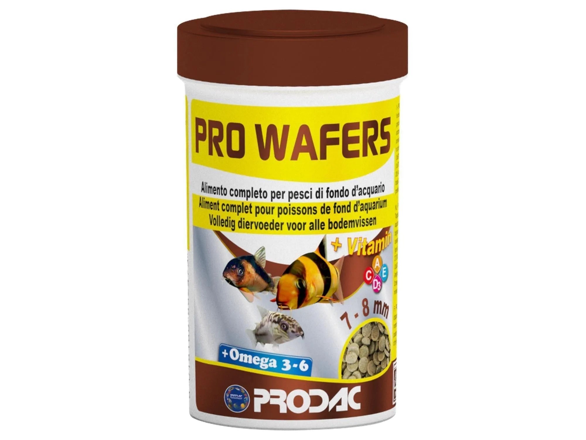 Hvit og brun Prodac Pro Wafers fiskefôrbeholder med fiskebilder og 1-8mm pellets.