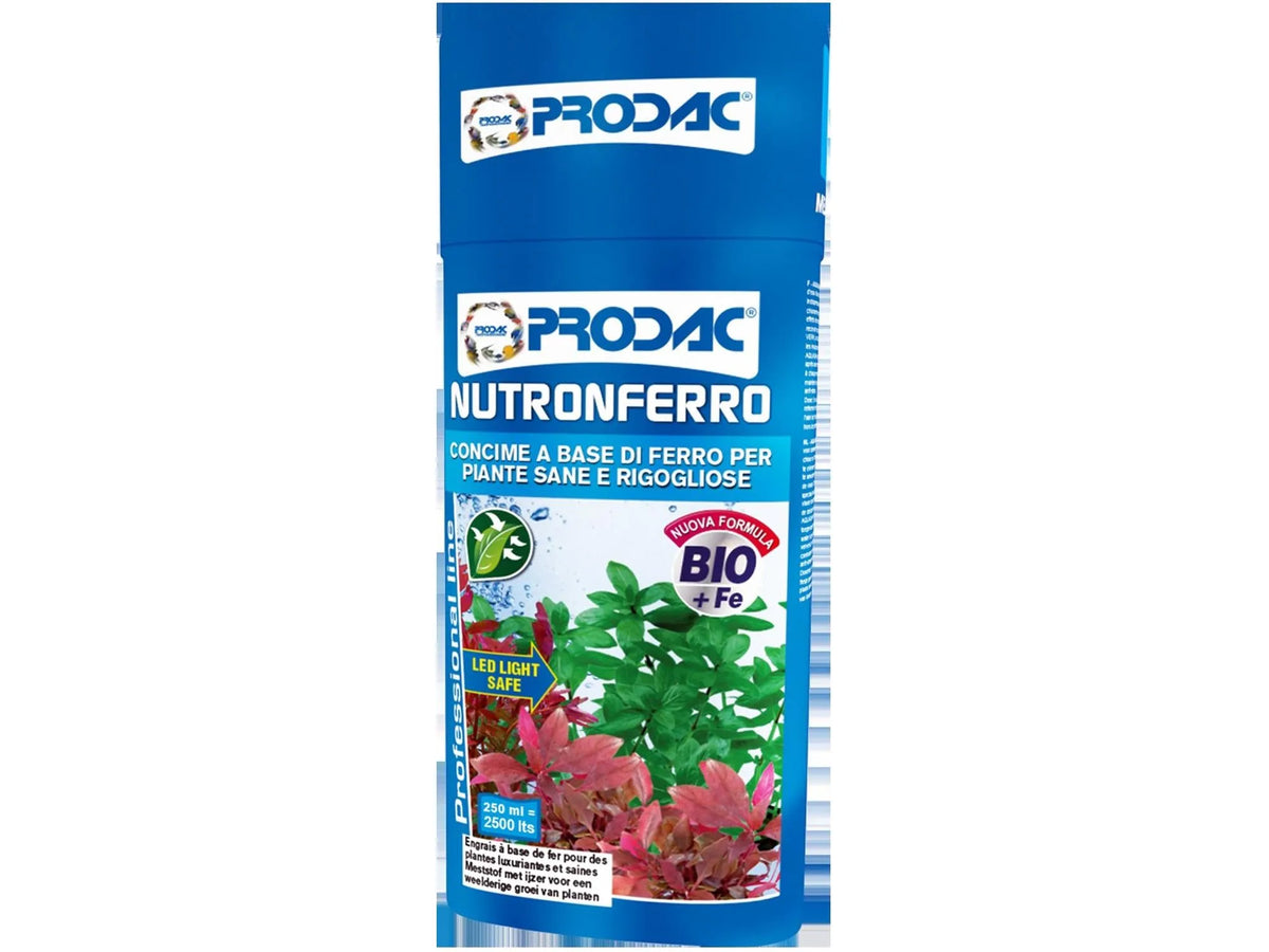 Prodac Nutronferro Professional jerntilskudd for akvarieplanter, 250ml blå flaske med planteillustrasjon.