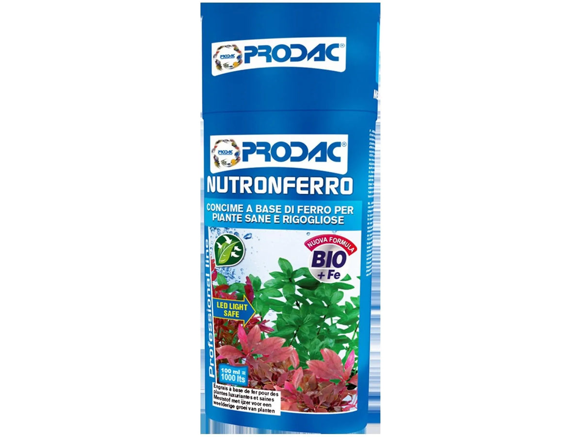 Prodac Nutronferro Professional jerntilskudd for akvarieplanter, blå flaske med grønne og røde planter.