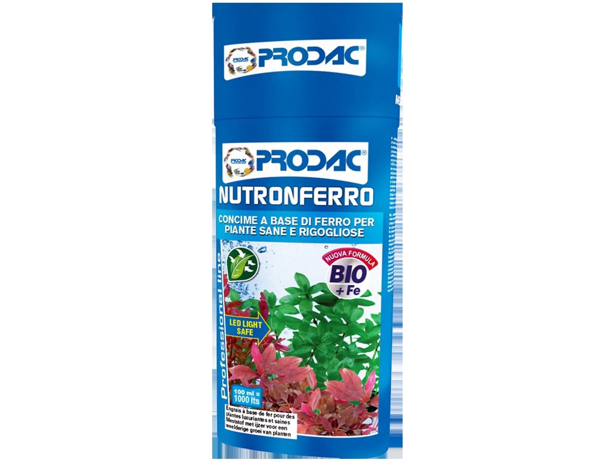 Prodac Nutronferro Professional jerntilskudd for akvarieplanter, blå flaske med grønne og røde planter.