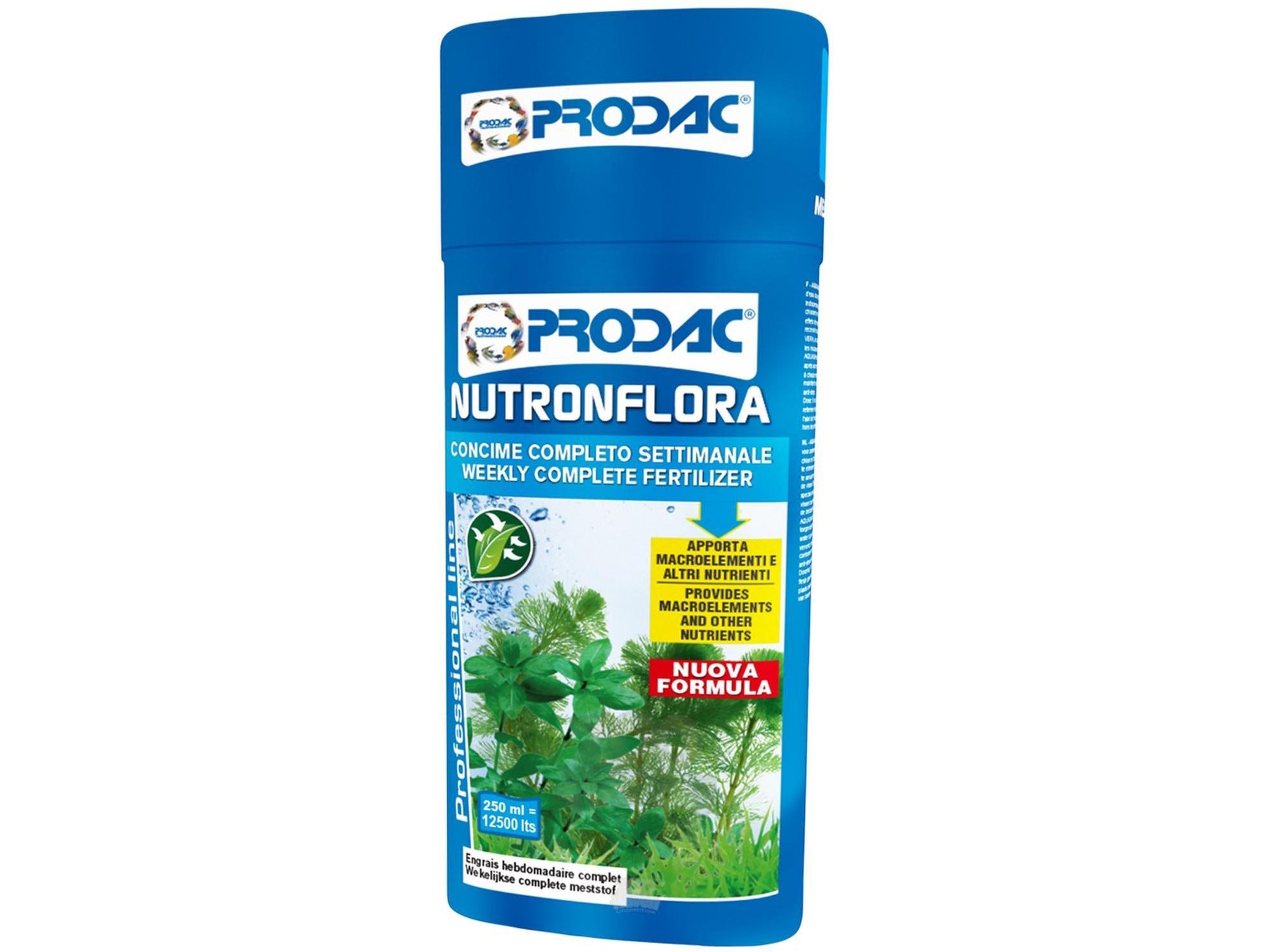 Blå Prodac Nutronflora Professional Komplett Plantegjødsel 250ml flaske med akvarieplanter og "Nuova Formula" etikett.