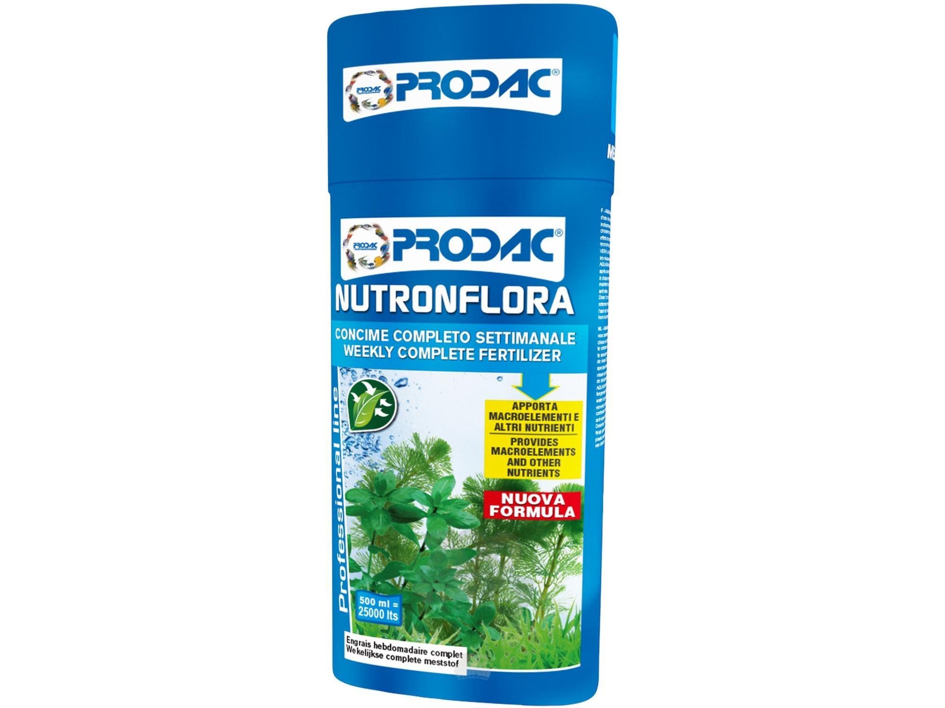 Prodac Nutronflora Professional Komplett Plantegjødsel 500ml flaske i blått med grønne akvarieplanter.