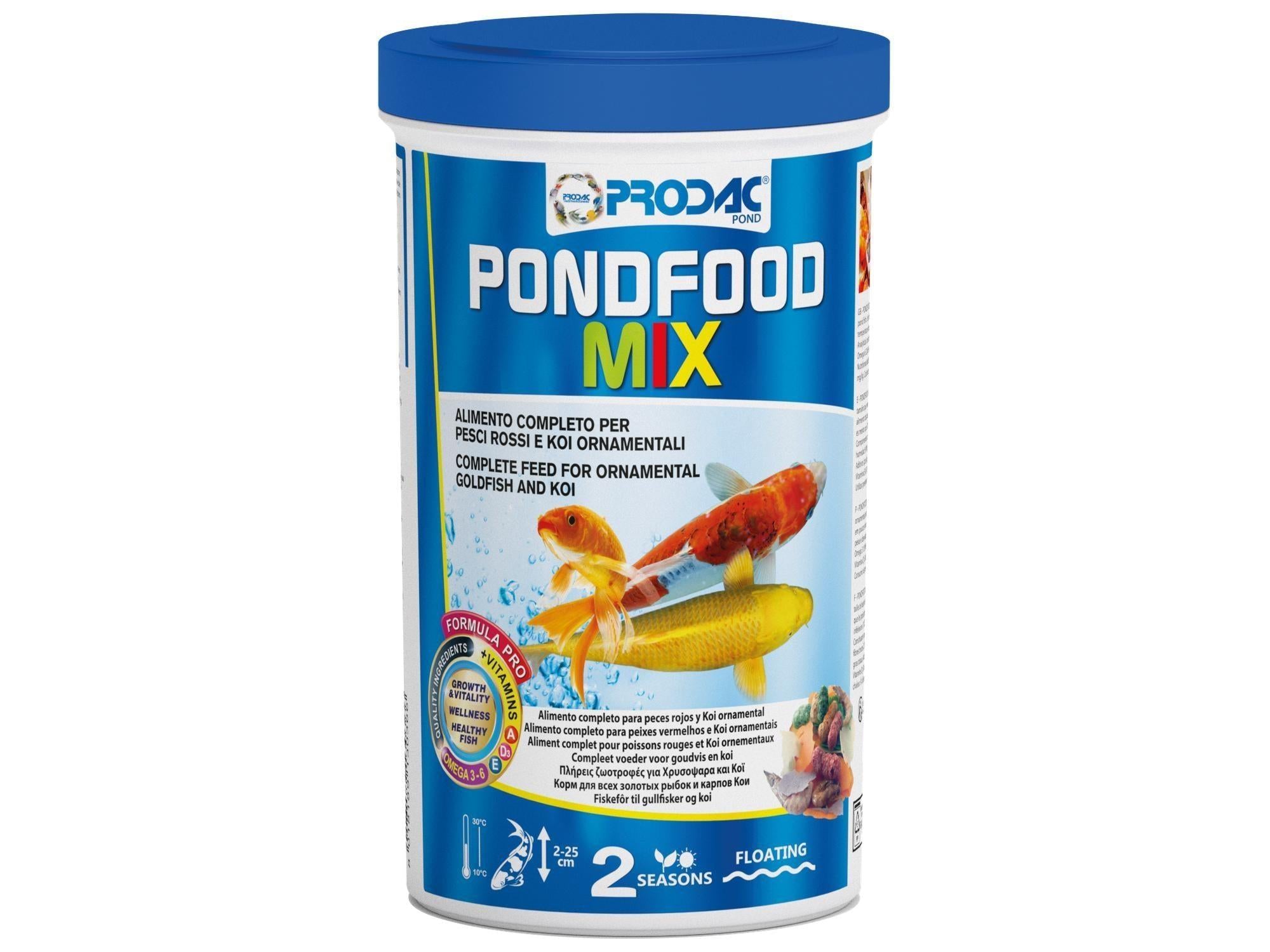Prodac Pondfood Mix flak- og pelletfôr for damfisk i hvit beholder med blått lokk.