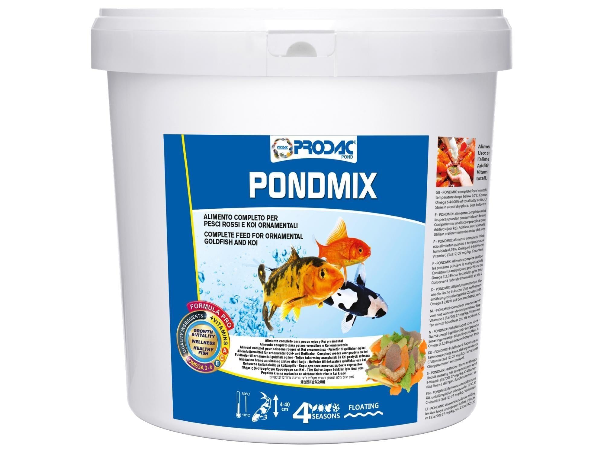 Prodac Pondmix hvit bøtte med damfiskfôr, flak og pellets, for gullfisk og koi.