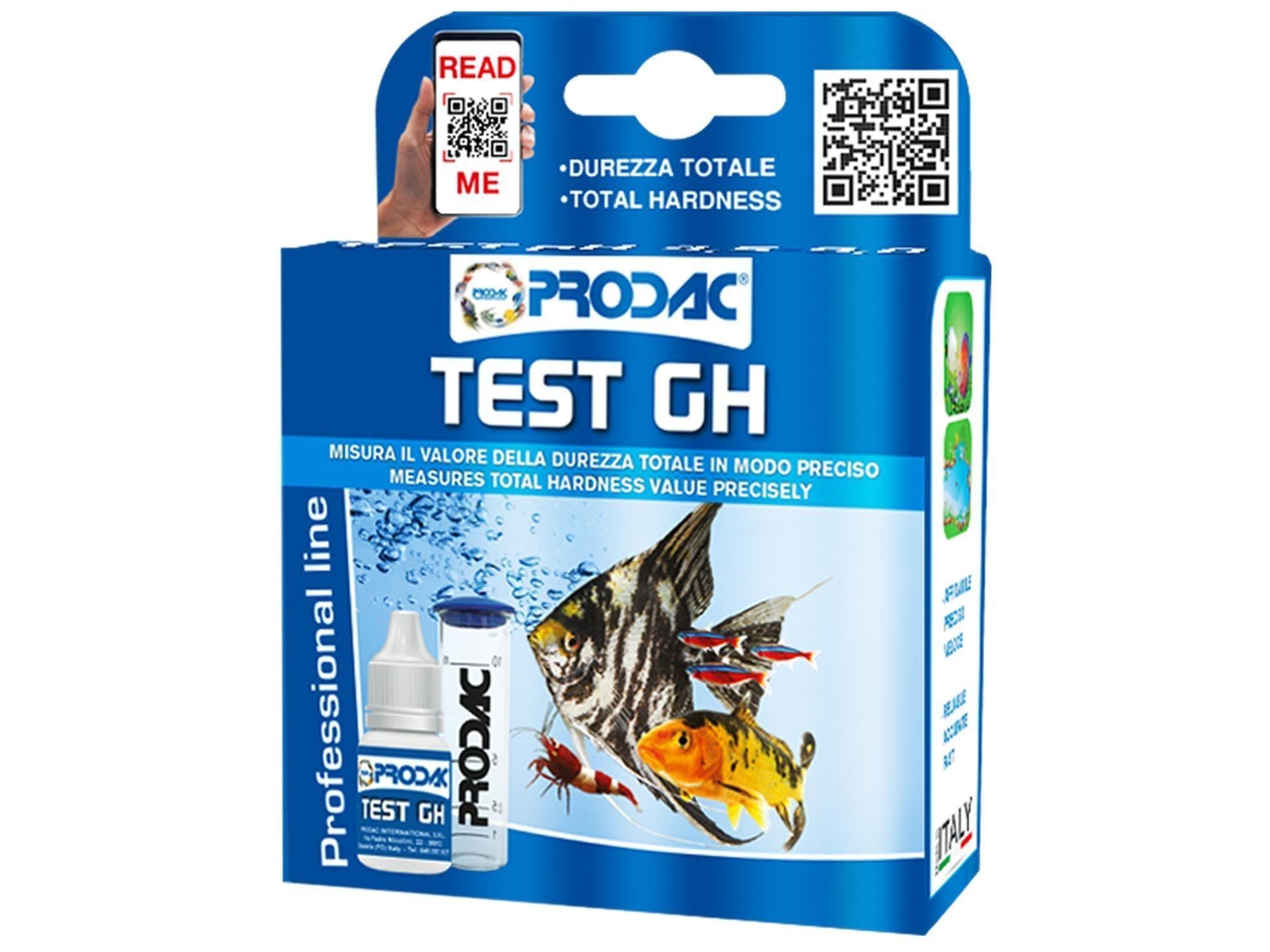 Prodac Prodactest GH akvarium vann hardhet testsett i blå og hvit eske med fiskemotiv.