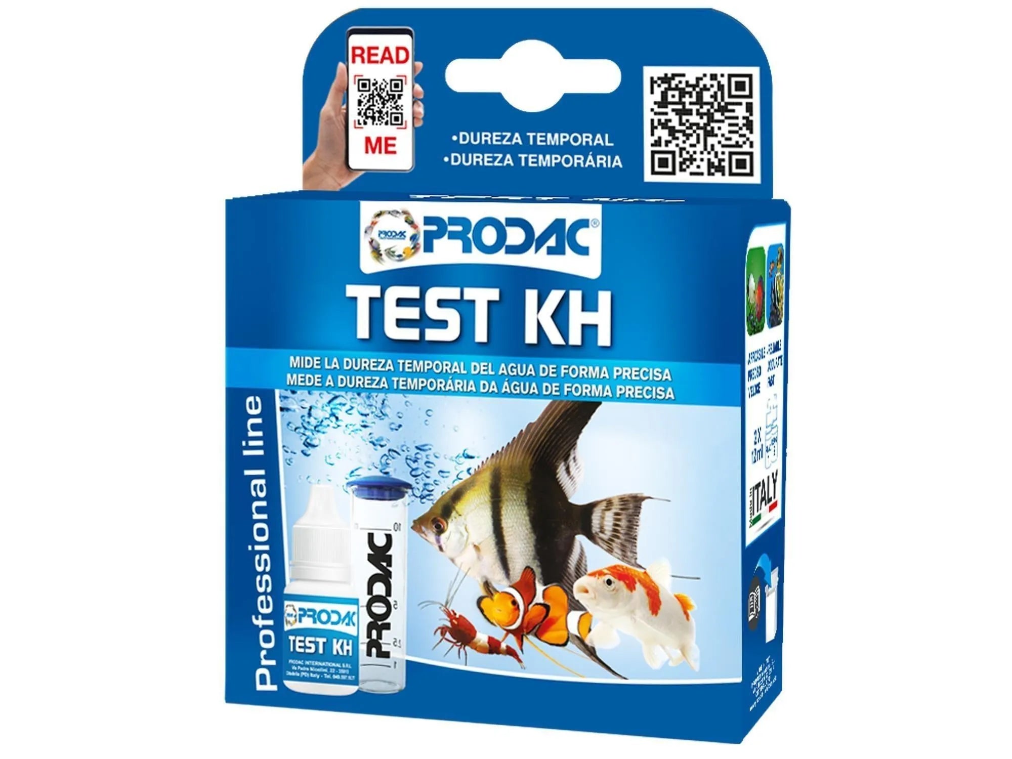 Prodac Prodactest KH akvarietestsett i blå og hvit eske med bilde av fisk og reker.