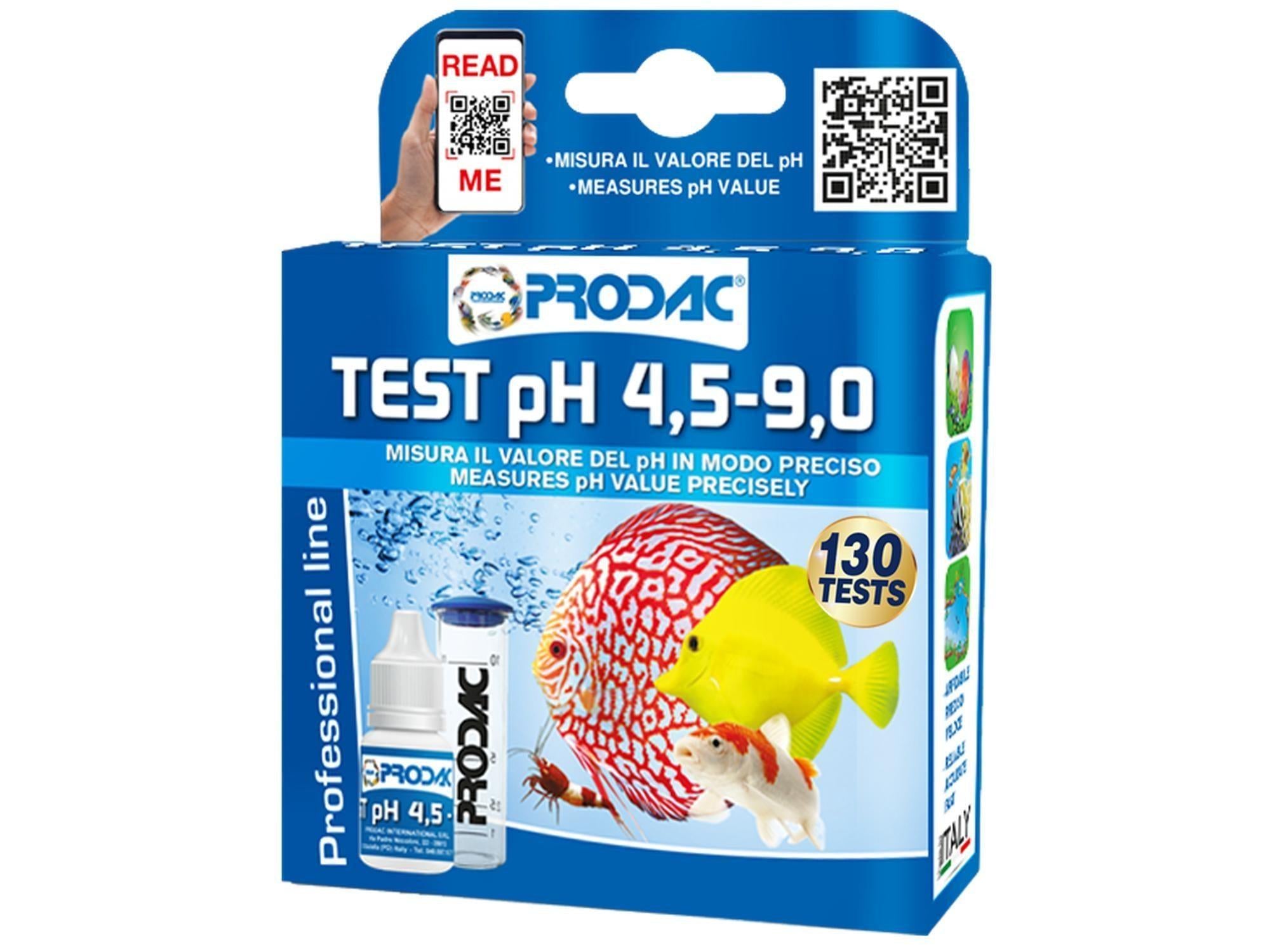 Prodac Prodactest pH 4,5-9,0 ferskvannsakvarium testsett med dråpeflaske og fisker.