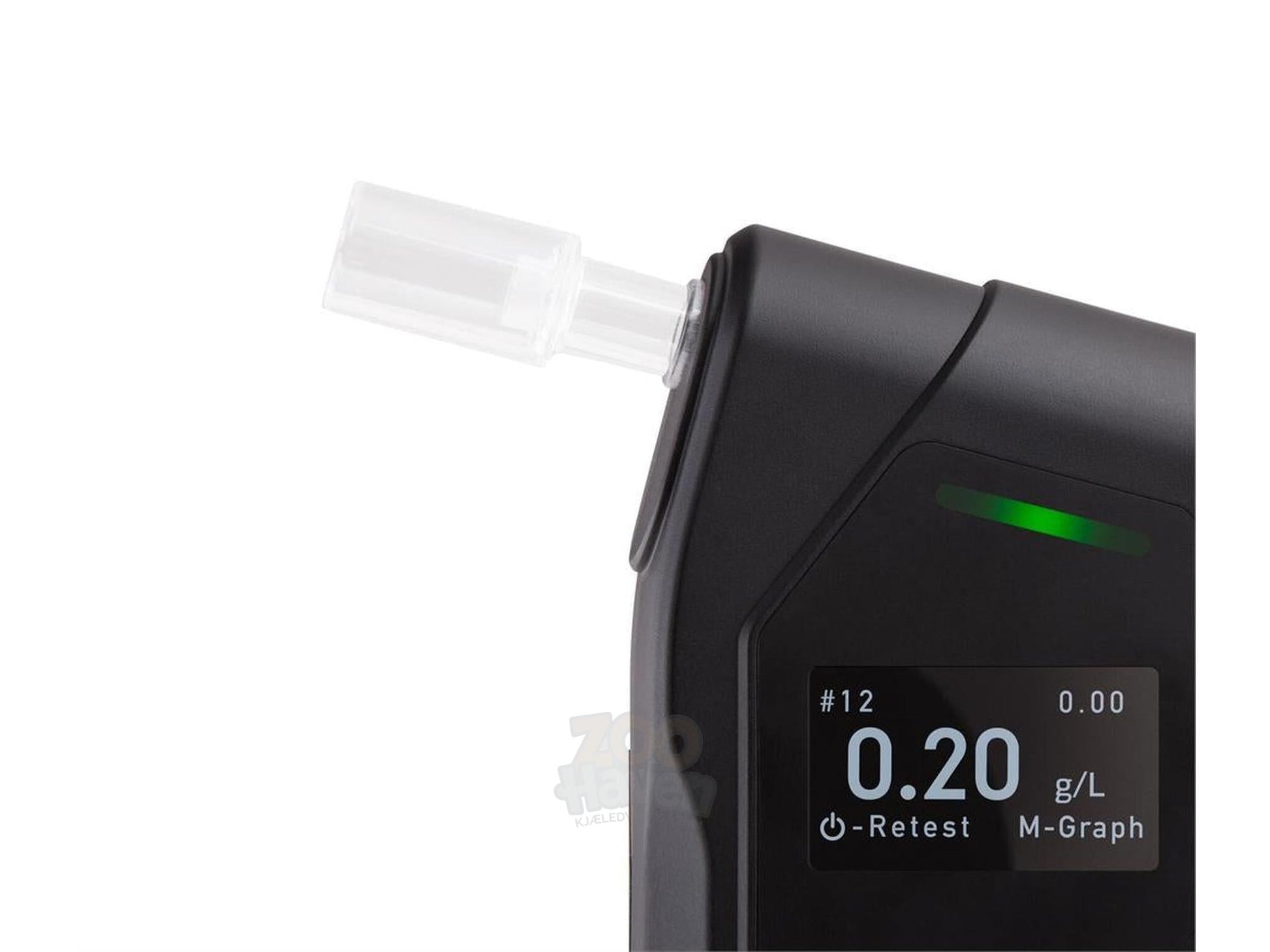 Svart AlcoTrx Pro100 promilletester med gjennomsiktig munnstykke og OLED-skjerm som viser 0.20 g/L.