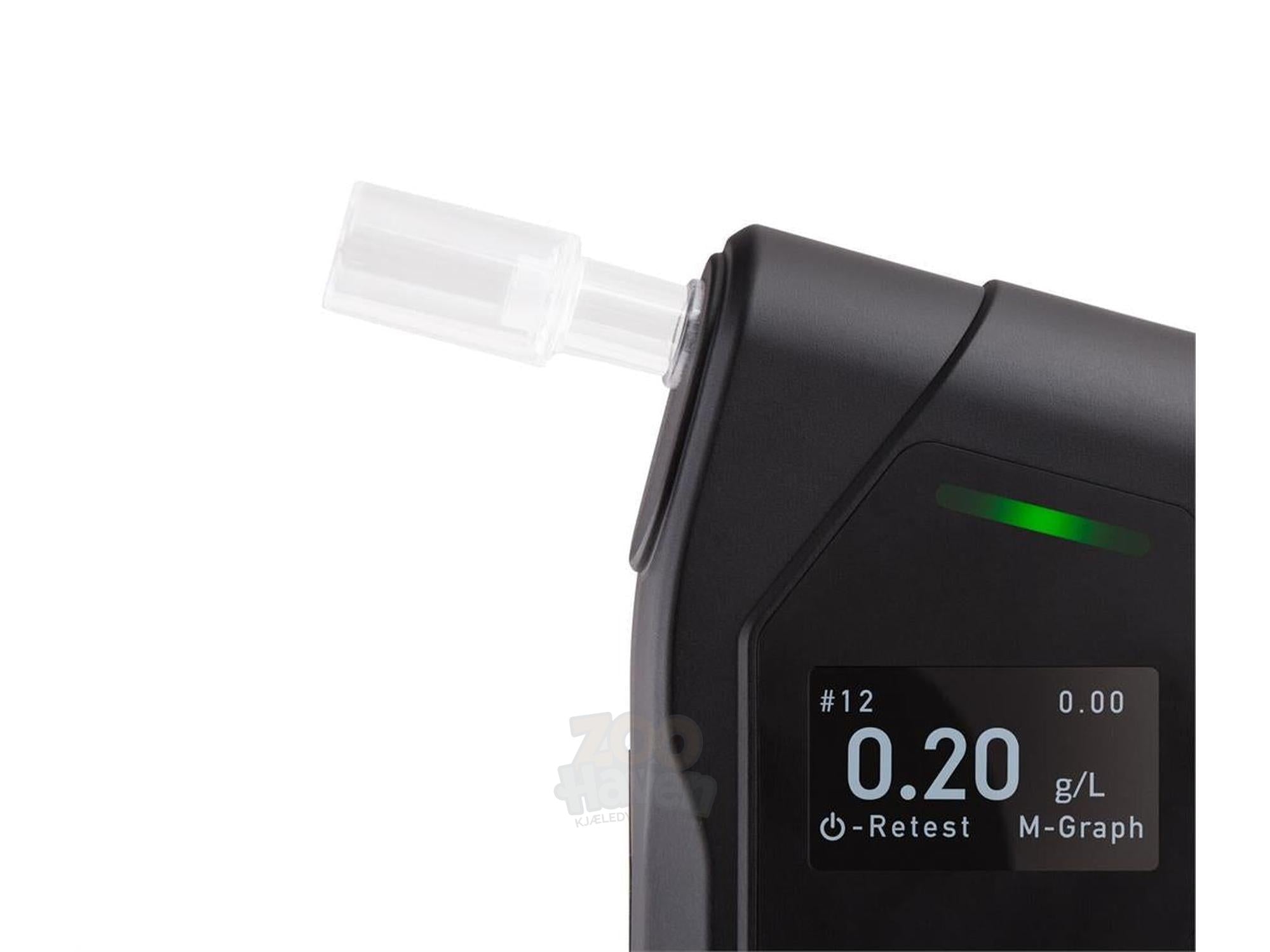 Svart AlcoTrx Pro100 promilletester med gjennomsiktig munnstykke og OLED-skjerm som viser 0.20 g/L.