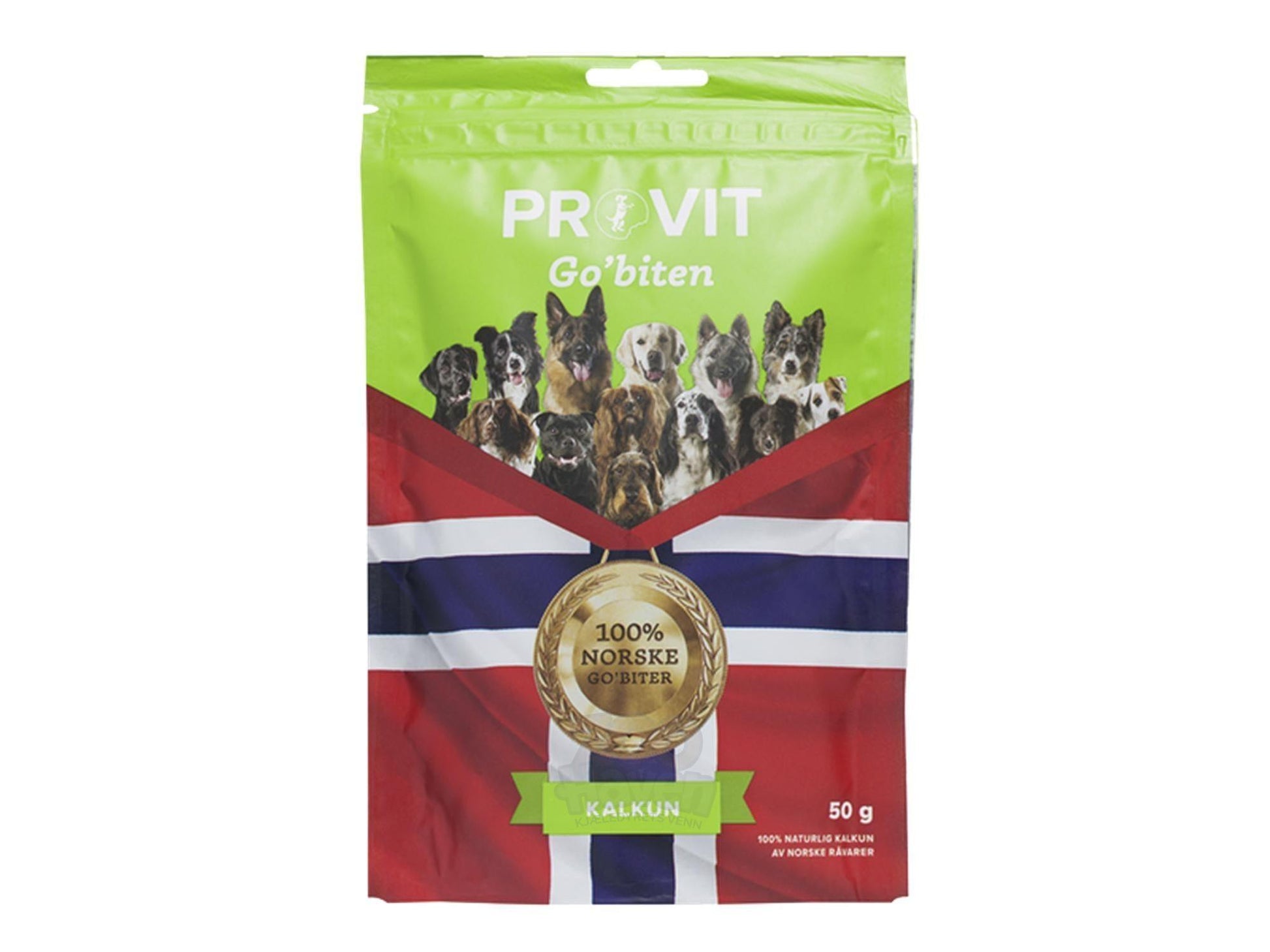 Grønn pose Provit Go'biten frysetørket kalkun til hund, med norsk flagg og hundebilder.