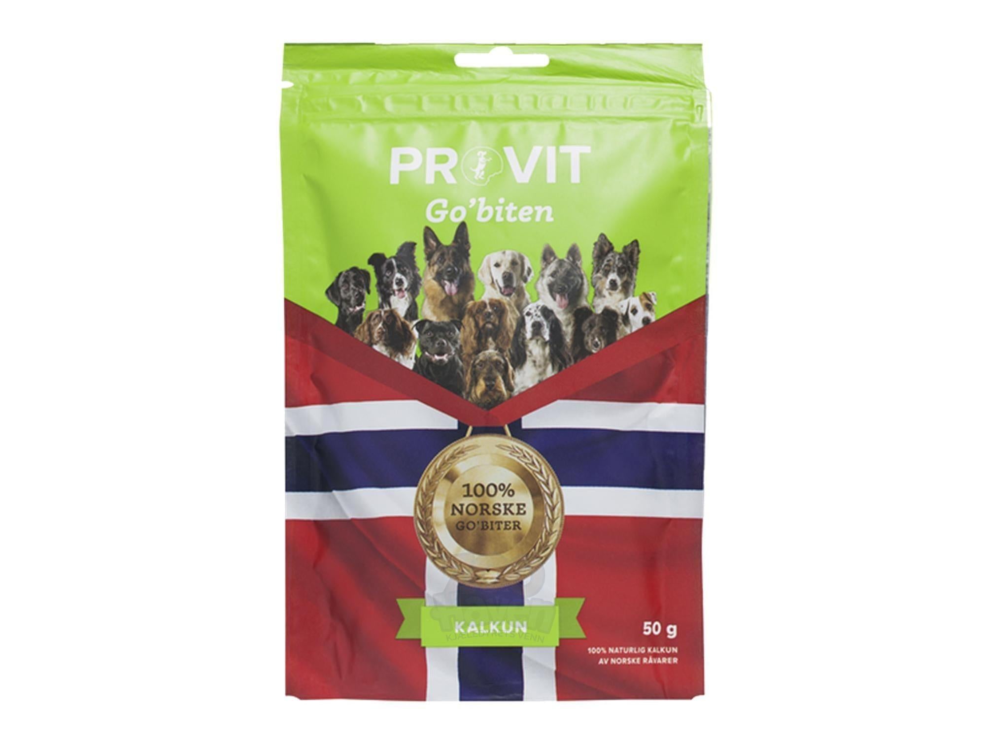 Grønn pose Provit Go'biten frysetørket kalkun til hund, med norsk flagg og hundebilder.