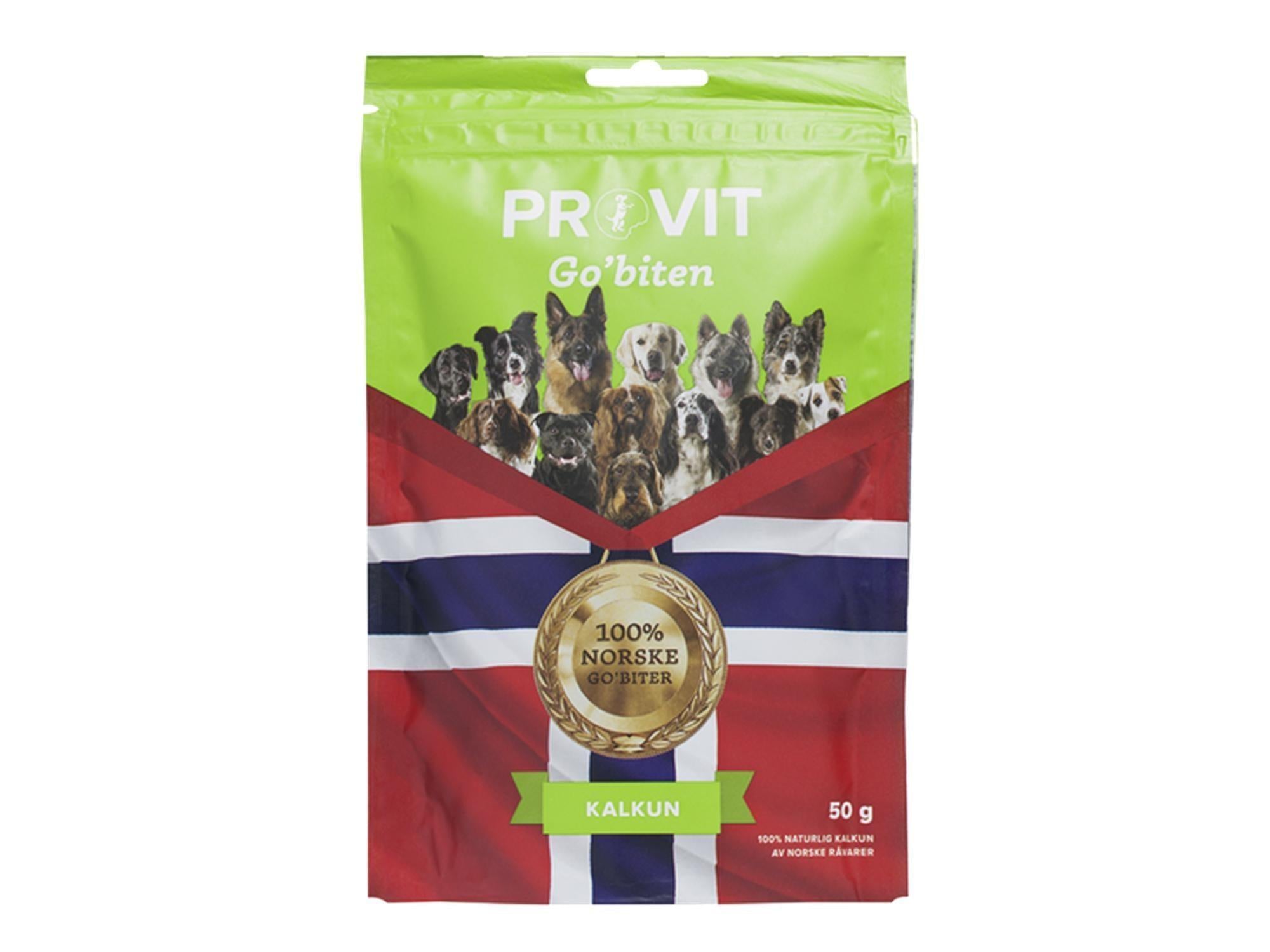 Grønn pose Provit Go'biten frysetørket kalkun til hund, med norsk flagg og hundebilder.