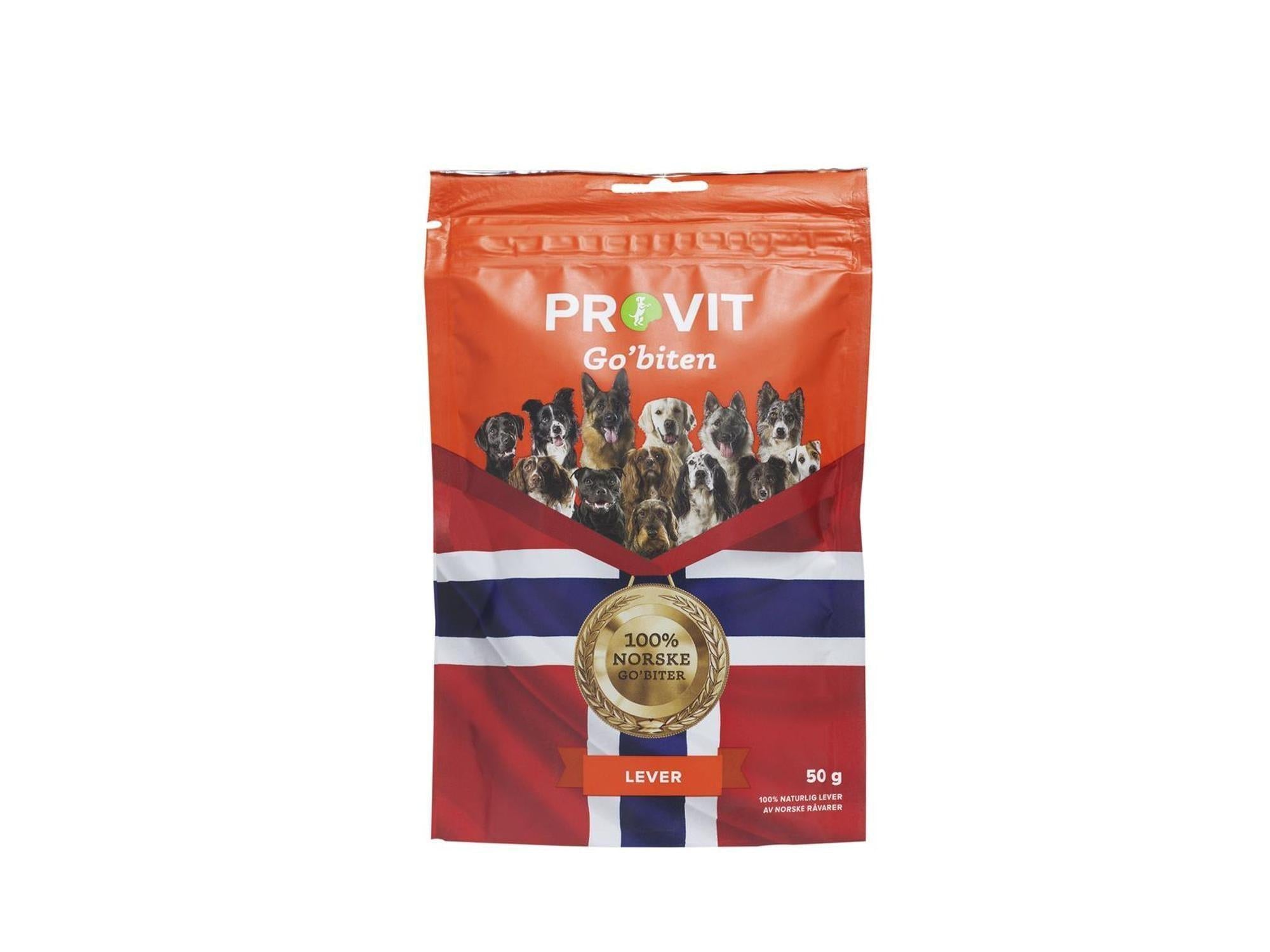 Provit Go'biten frysetørket lever til hund i oransje pose med norsk flagg og hundebilder.