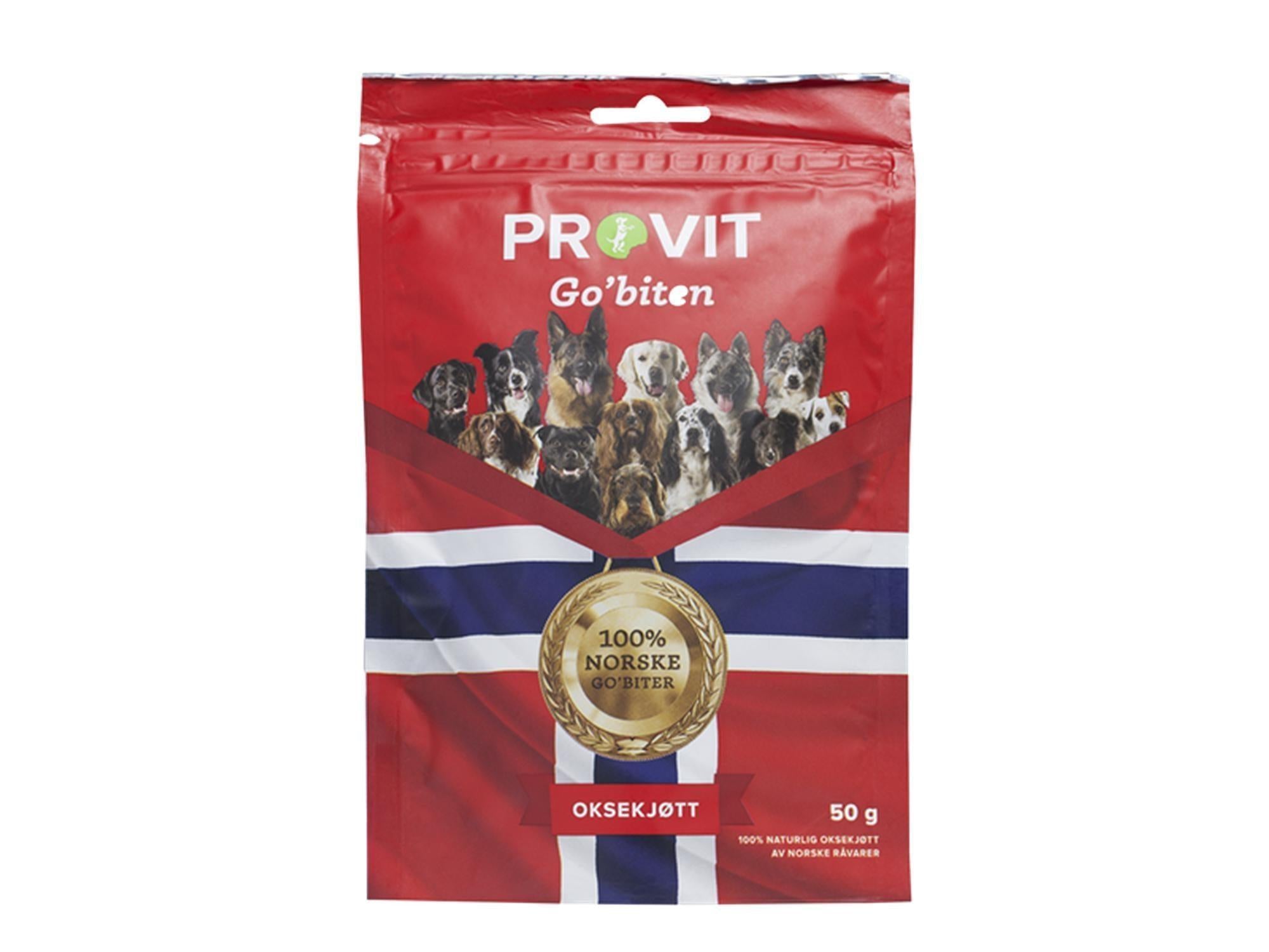 Rød Provit Go'biten pose med bilder av hunder, norsk flagg og gullmedalje for frysetørket oksekjøtt.