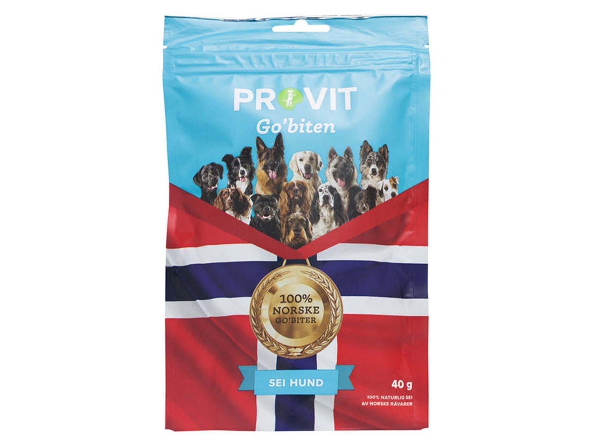 Provit Go'biten frysetørket sei til hund i blå og rød pose med bilde av hunder og norsk flagg.