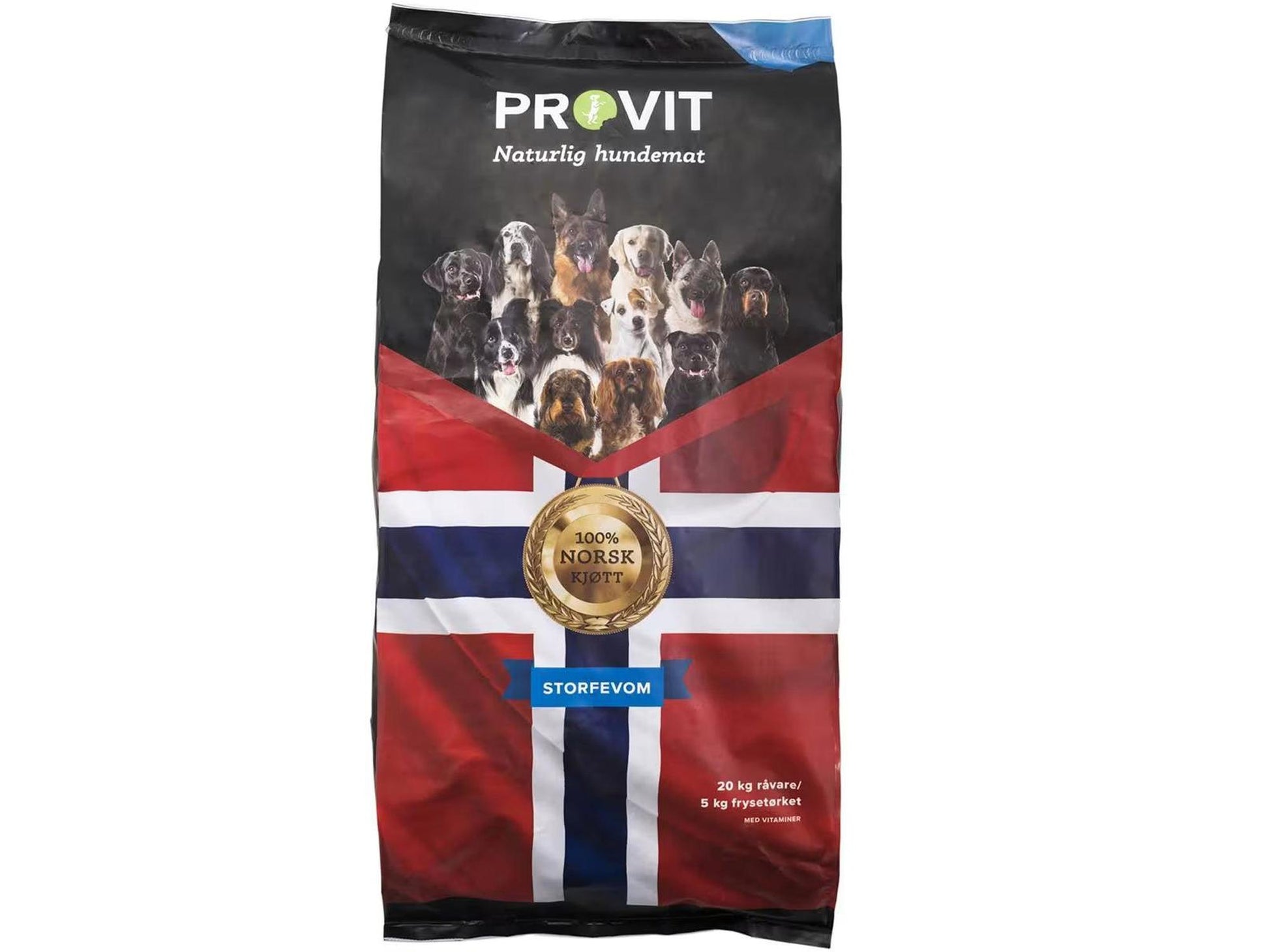PROVIT frysetørket storfevom hundefôr i svart pose med norsk flagg og hunder.