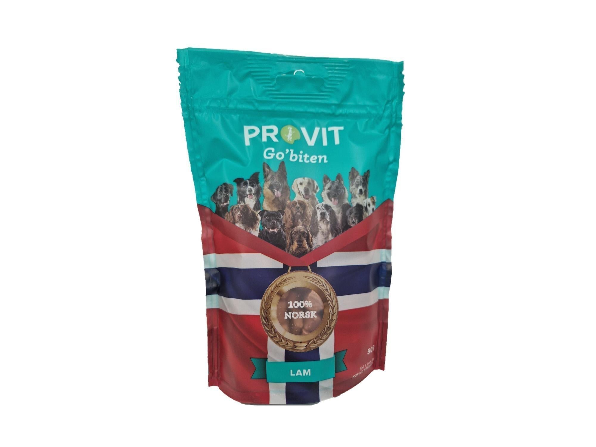 Provit Go'biten Lam 50g hundegodbiter i en turkis pose med bilde av hunder og norsk flagg.