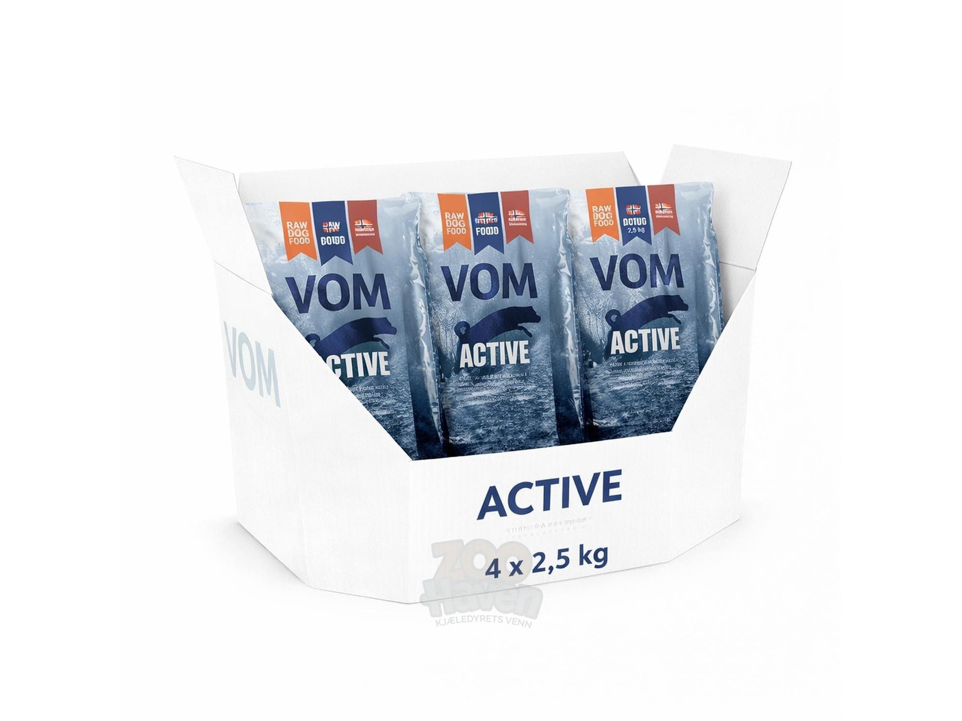 Hvit pappeske med tre blå VOM ACTIVE hundefôrposer, hver 2,5 kg, synlige.