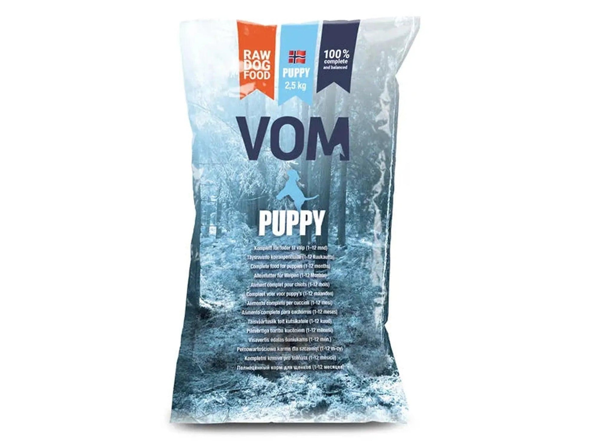 VOM Puppy 2.5 kg valpefôr i en hvit pose med blå skogdesign og teksten "RAW DOG FOOD".