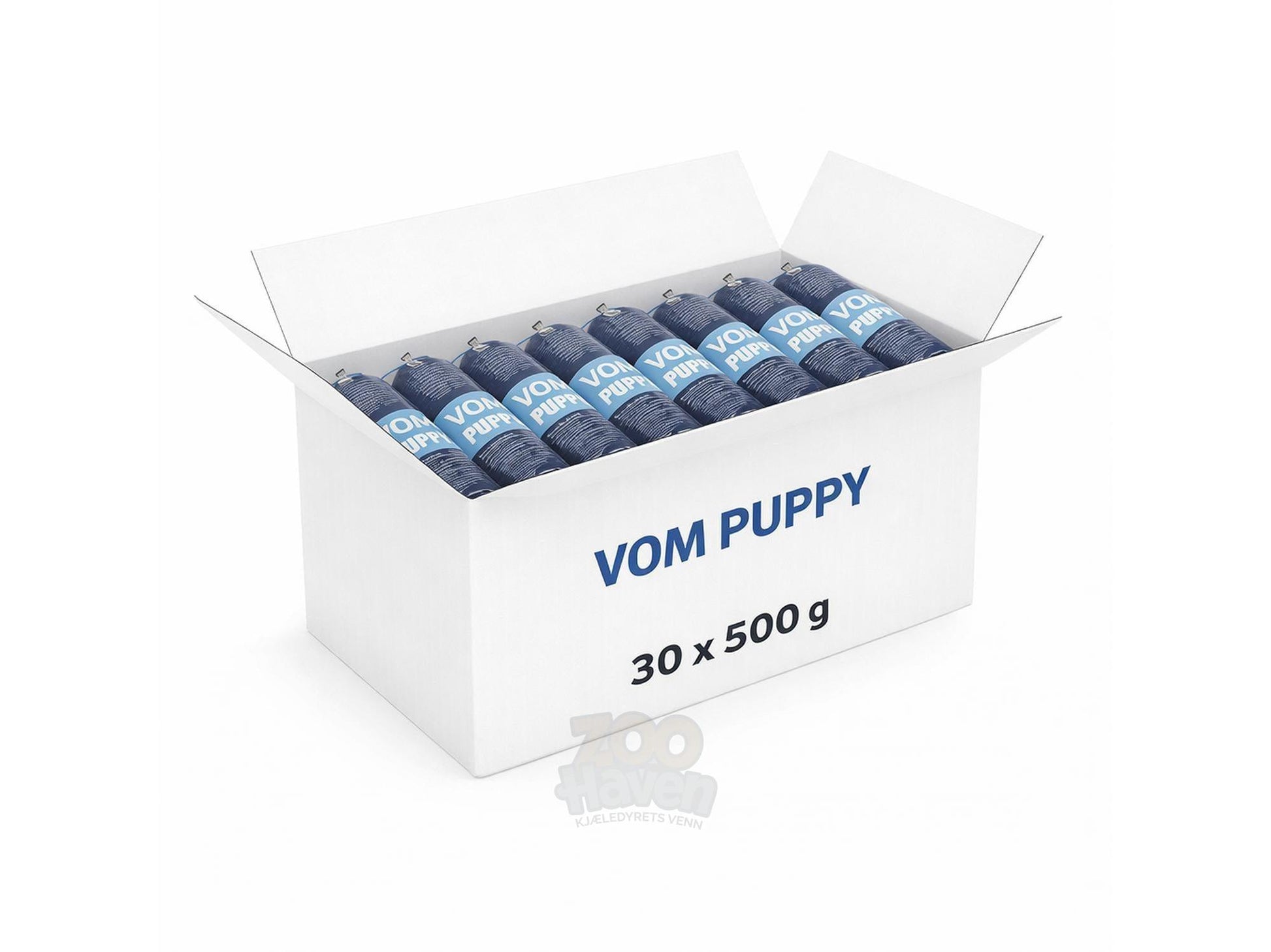 Hvit pappeske med 30 blå 500g pakker VOM PUPPY valpefôr.
