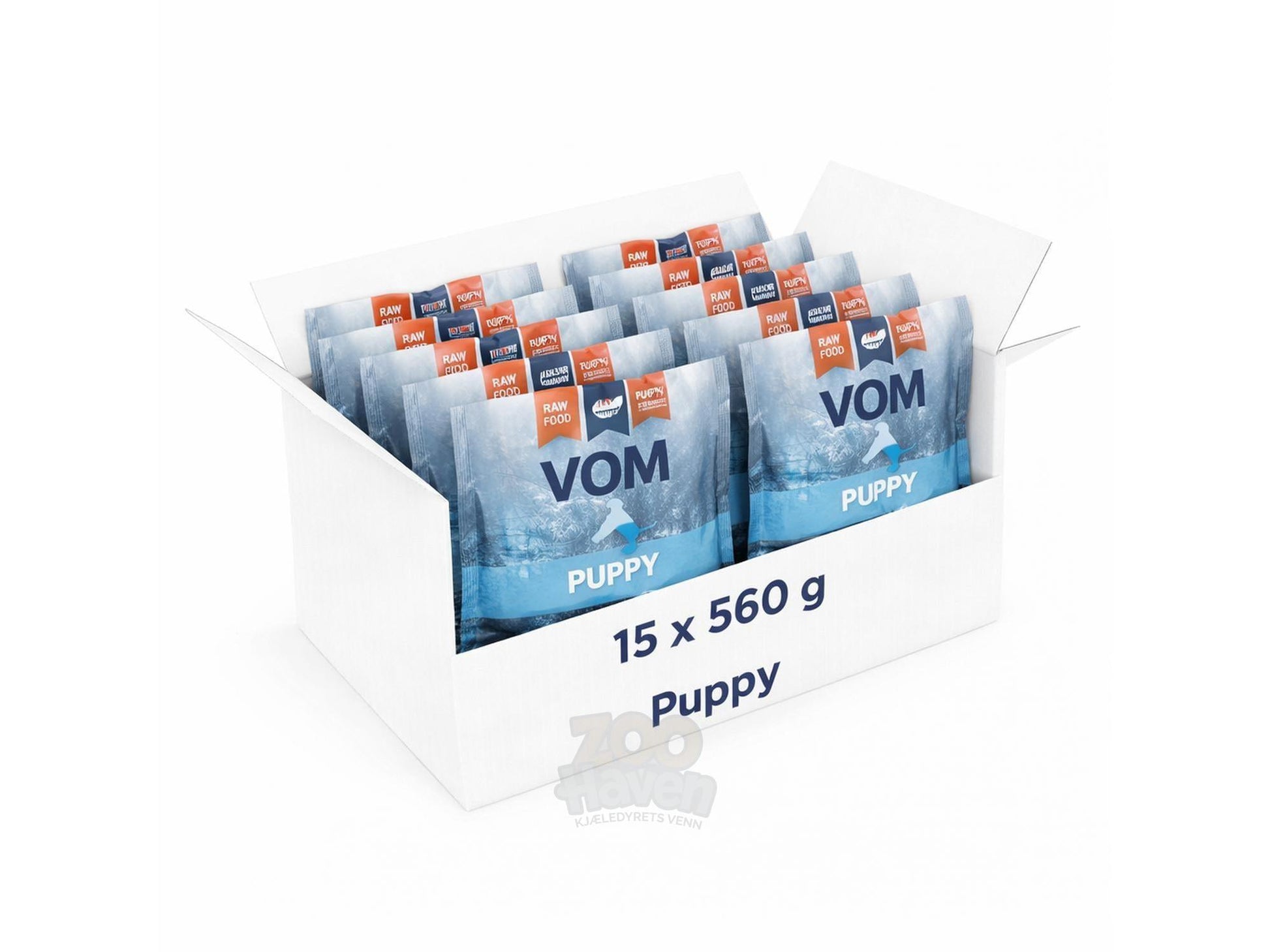 VOM Puppy valpefôr i en hvit eske med 15 blå 560g poser, med en hvit valp på hver pose.
