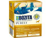 Gul Bozita Purely paté våtfôr for hund med kylling og vilt, 370g, med illustrasjon av hjort.
